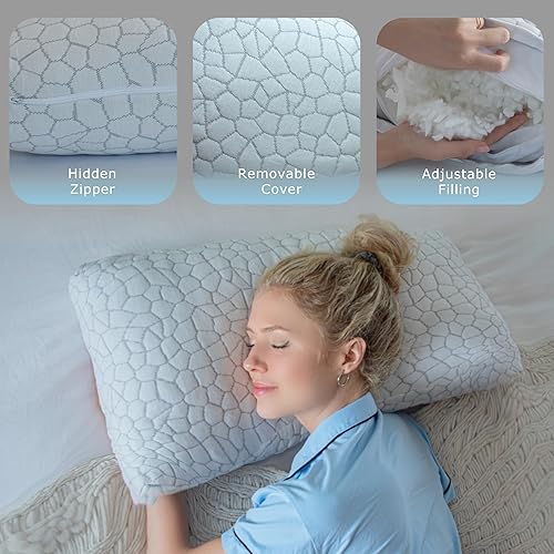 Miniatura 6 de Pharmedoc Almohada de cama ajustable de espuma viscoelástica triturada, perfecta para dormir de lado, rectangular, soporte de cuello para aliviar el
