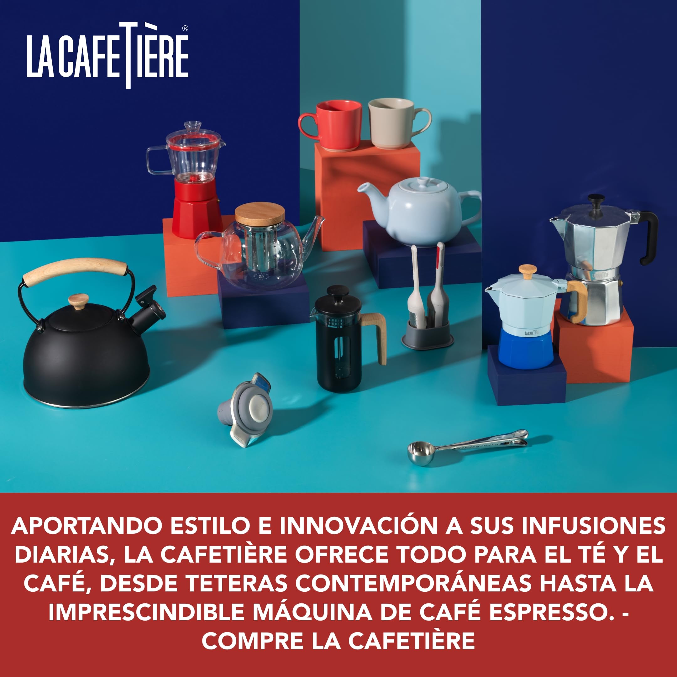 La Cafetière Arezzo - Cafetera grande de prensa francesa de 8 tazas, cerámica de gres resistente al calor con émbolo de fácil agarre, ideal para té suelto y café molido, azul marino