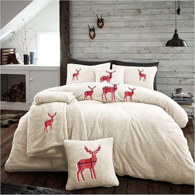 GC GAVENO CAVAILIA Teddy Fleece EMB Stag Duvet Cover With Pillowcases Warm Soft Fluffy Thermal Quilt Bedding Set, Cream, King