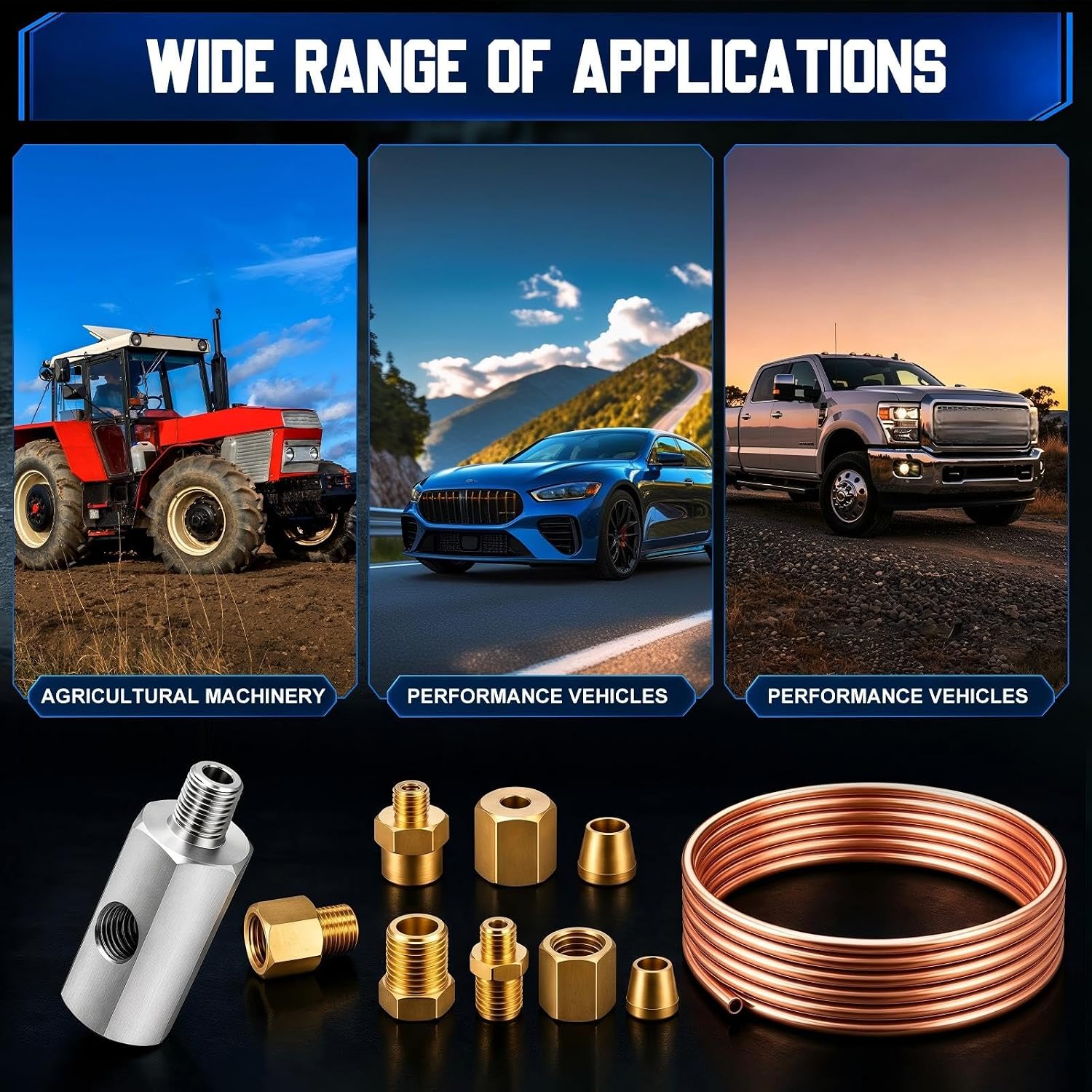 4 Pack 72'' Oil Pressure Gauge Tubing Kit with 1/8 BSPT to 1/8 NPT Adapter, Copper Tube and Brass Fittings for Mechanical Oil Pressure Gauge, Tractor and Agricultural Engines