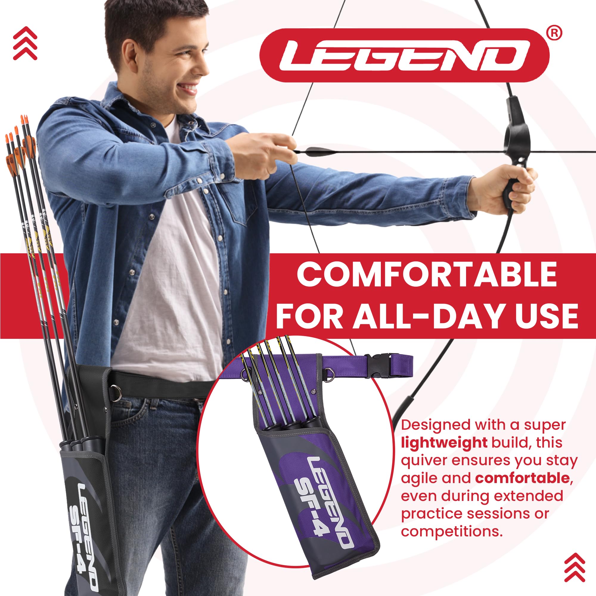 LEGEND SF4 Field Quiver for Arrows - Beginner-Friendly Arrow Quiver with 3 Arrow Tubes, Durable Archery Quiver with Adjustable Belt Strap, High End Waist Quiver, Arrow Holder for Field Archery -Purple
