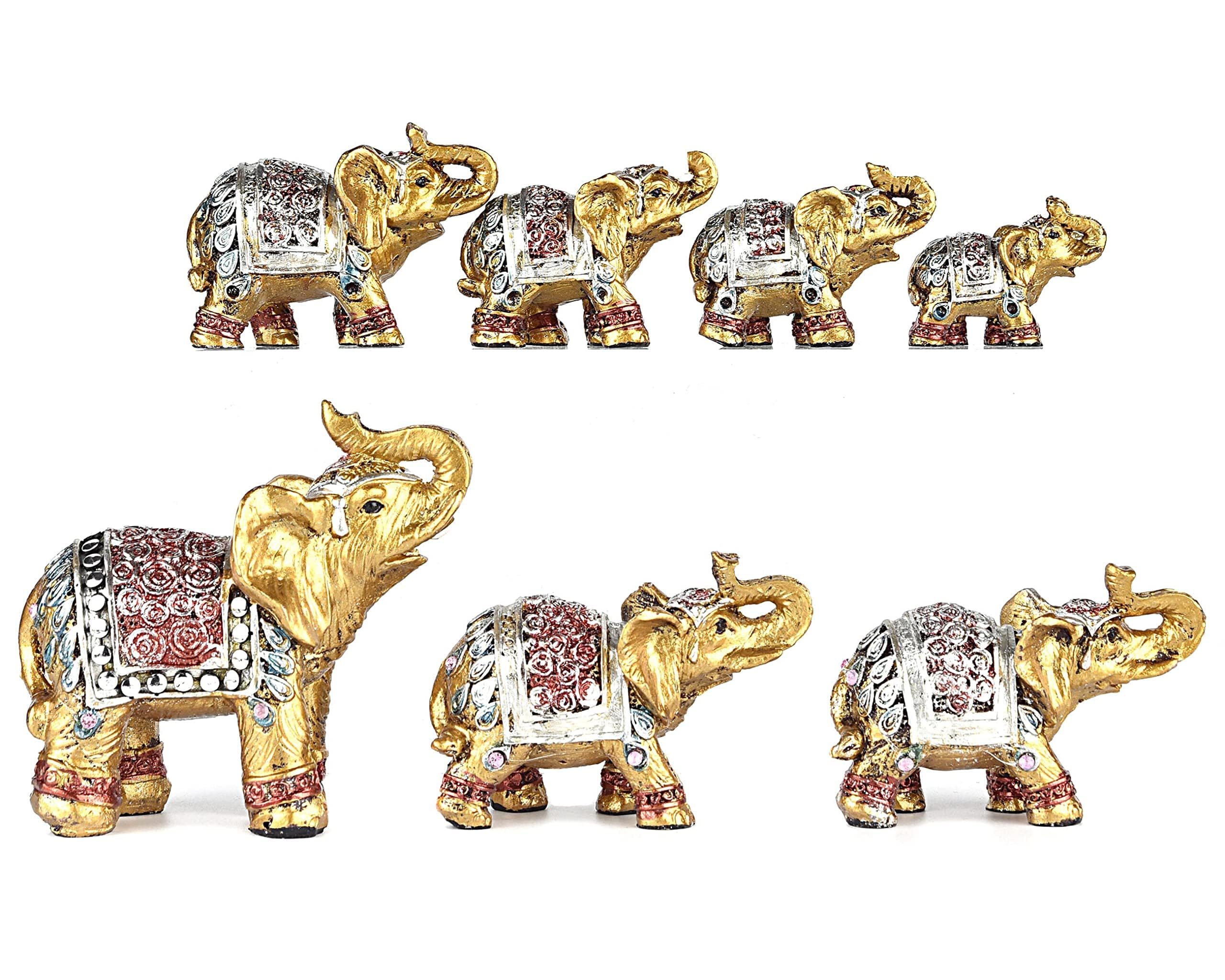 NOSKIN Feng Shui Set of 7 pcs ~ Vintage Golden Indian Elephant Family Statues Wealth Lucky Figurines Home Decor Housewarming Congratulatory Gift