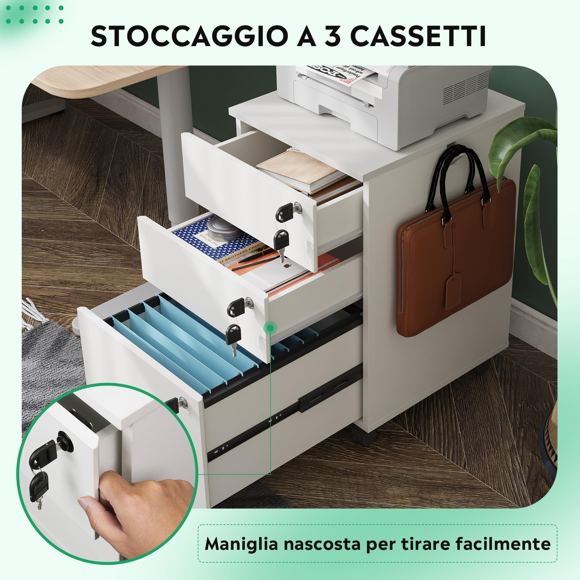 DEVAISE Mobile Archiviatore a 3 Cassetti con Serratura, Cassettiera Sottoscrivania in Legno per Casa/Ufficio, Ideale per Formato Lettera/A4, Bianco