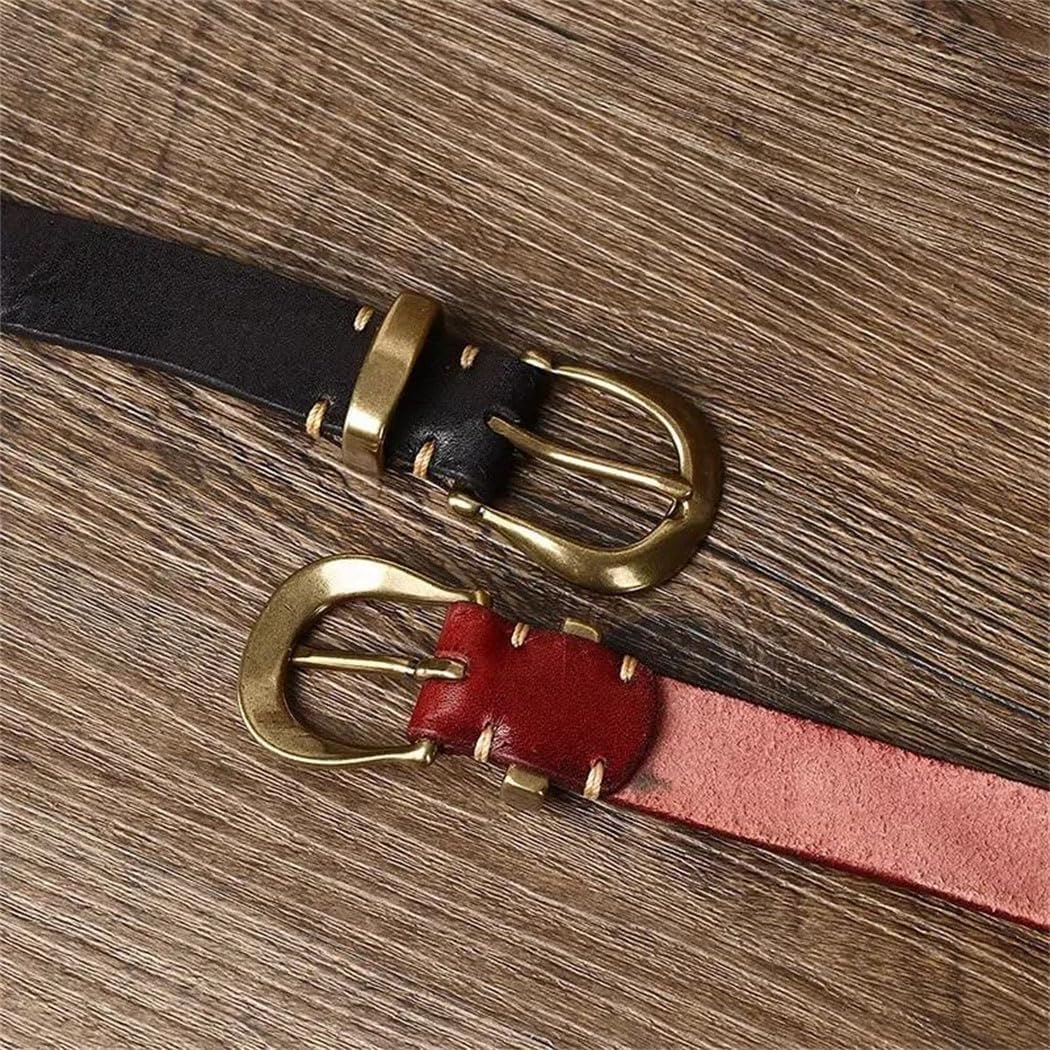 Women's Leather Belt - 2.3 cm Solid Cowhide with Copper Buckle, Vintage Style