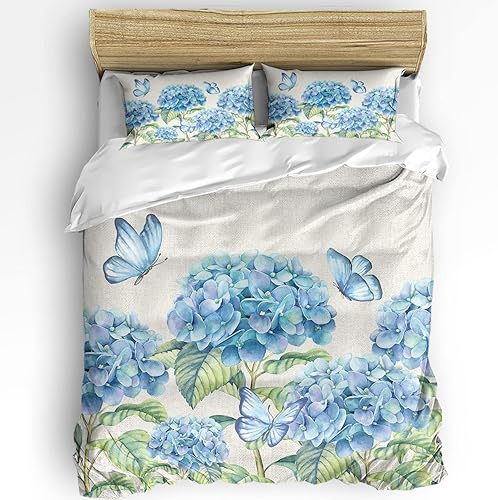 Juego de funda de edredón tamaño Queen, juego de edredón floral de 3 piezas, flores de hortensias azules, plantas de primavera, mariposa, arpillera