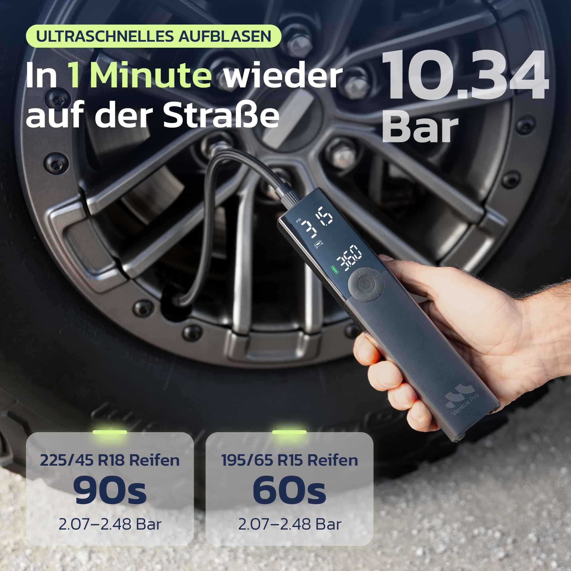 Woowind Ventus Pro Elektrische Luftpumpe, 150PSI/10,3Bar Akku Kompressor, 12V-Kabel für SUVs & Offroad-Reifen, Auto-Stopp