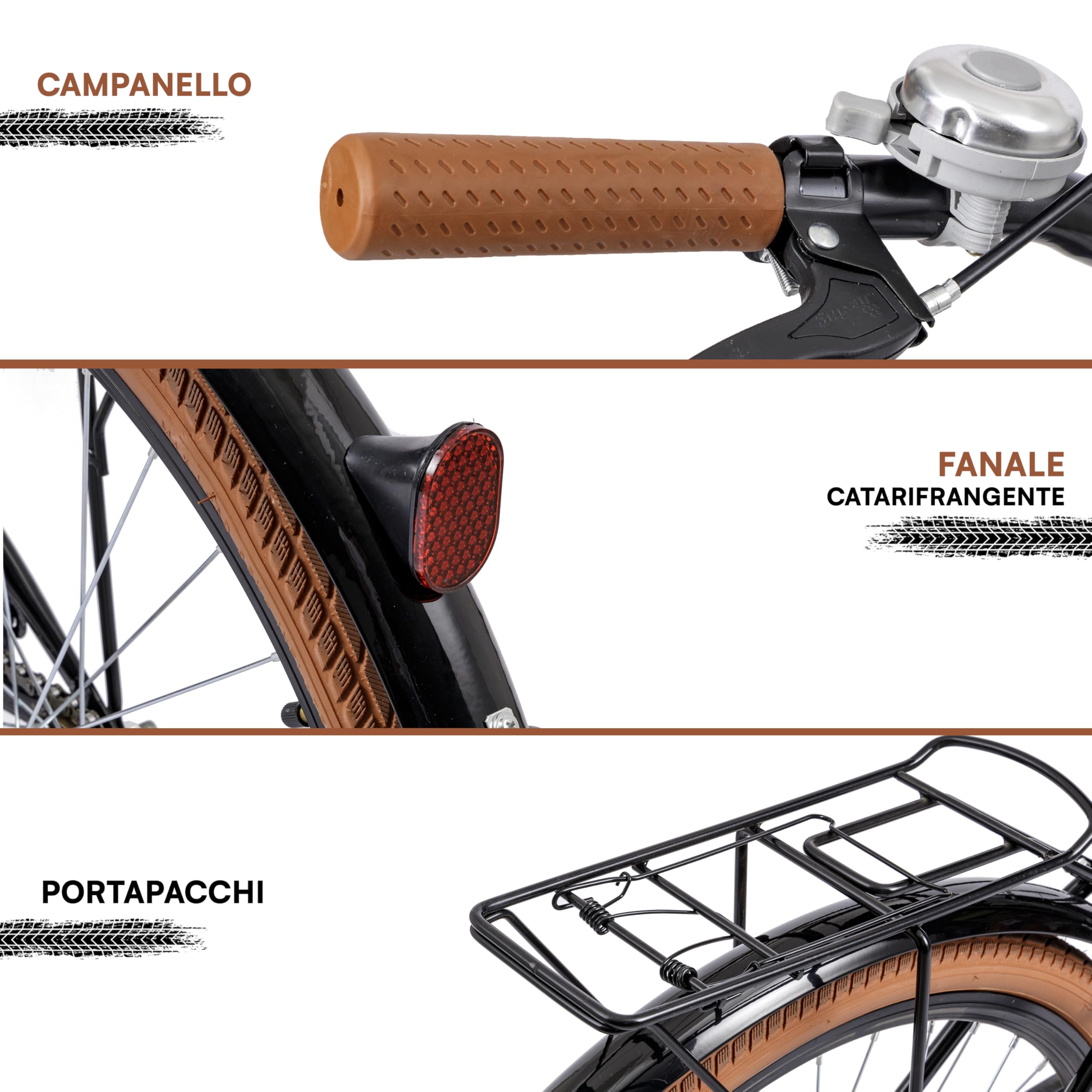 Baroni Home Bicicletta da Passeggio da Uomo e Donna, con Campanello, Manubrio e Sellino Regolabile, Bici con Doppio Freno Anteriore e Posteriore, City Bike, Nero e Marrone, 168x90 cm