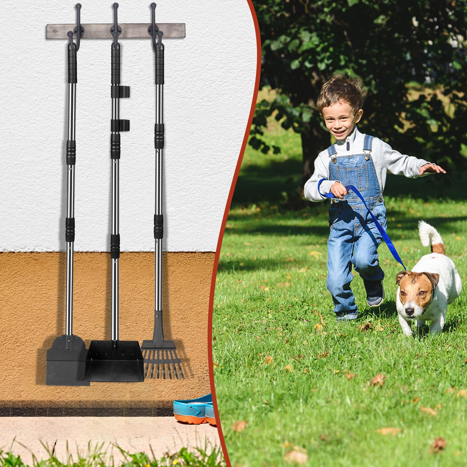 Recogedor de Excrementos para Perros – Mango Largo de 96CM con Bandeja, Rastrillo y Pala – Set de Acero Desmontable para Perros Grandes, Medianos y Pequeños – para Jardín, Césped o Grava