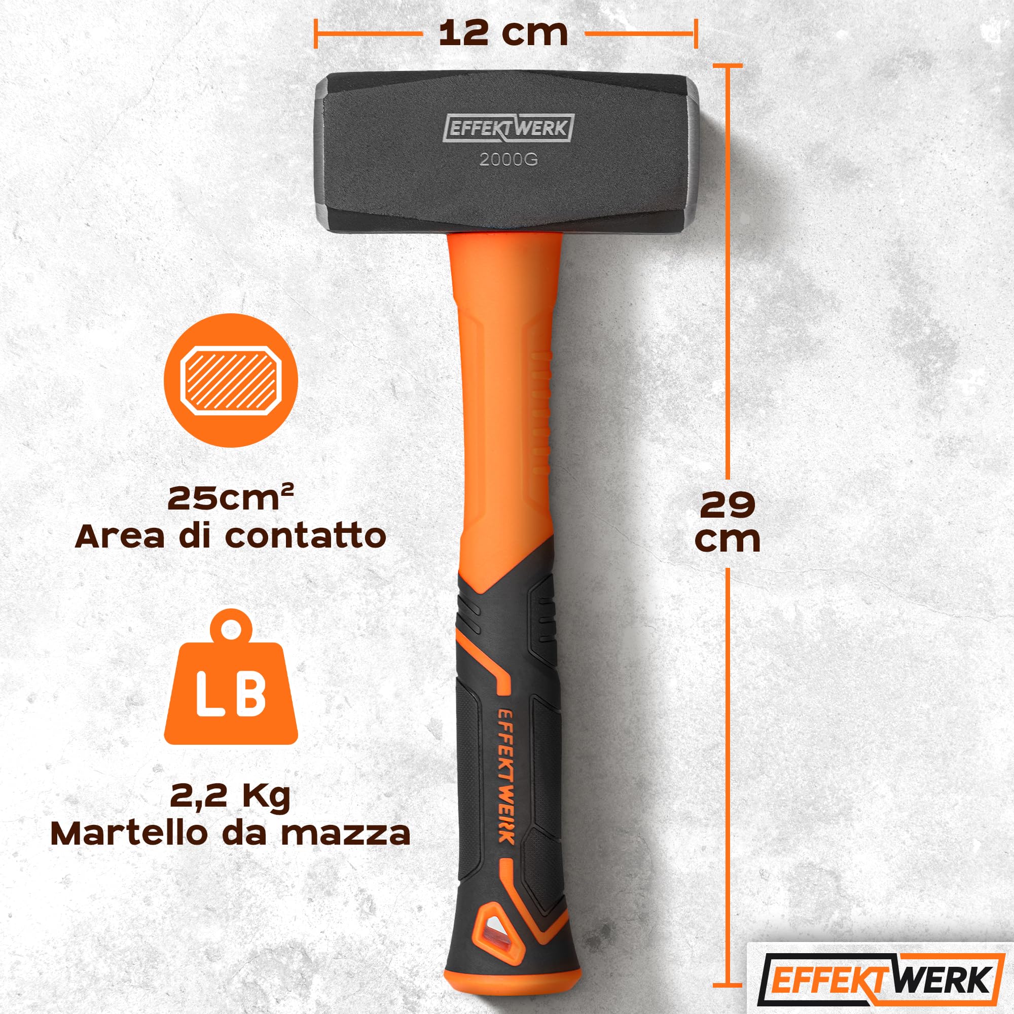 Martello a manico lungo - 2 kg / 4,4 lb - Martello a manico lungo piccolo con manico in fibra di vetro da 24 cm e testa in acciaio forgiato per lavori di demolizione