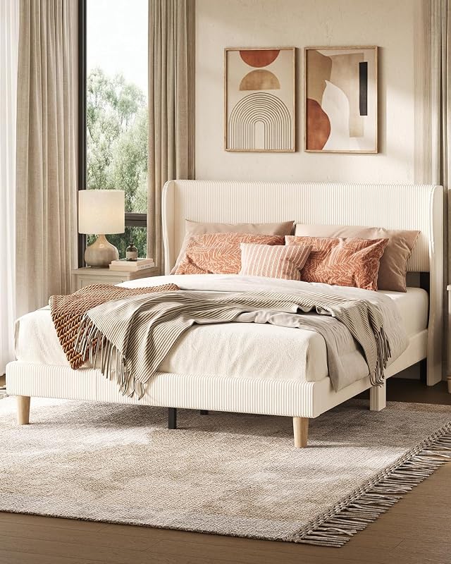 Bestier Queen Bed Frame with Wingback Headboard,Upholstered,Beige