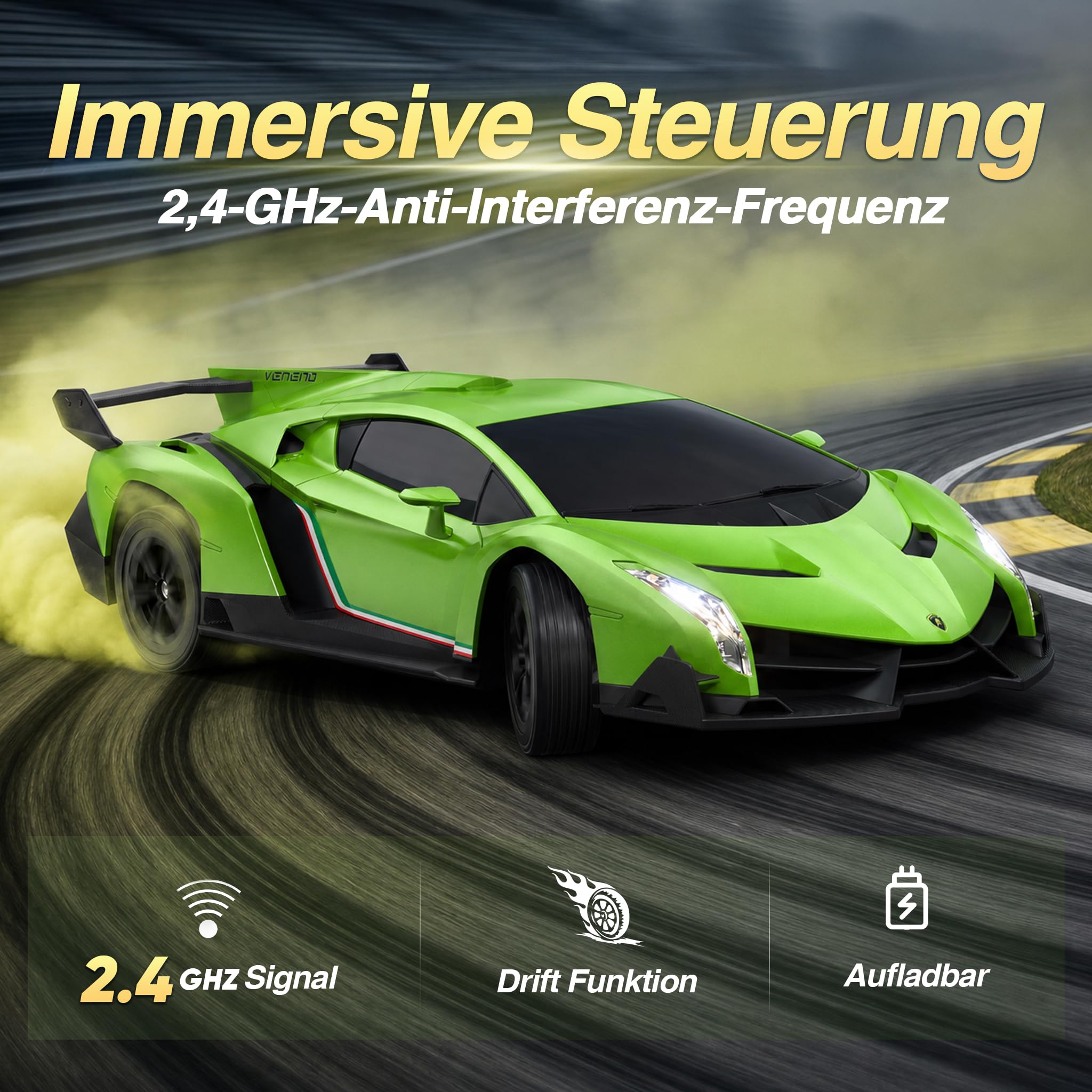 Lamborghini Ferngesteuertes Auto ab 6-12 Jahre, 1:24 RC Drift Auto 25KM/H | 4WD Vollproportionale Drosselklappe, Einstellbare Geschwindigkeit und Lenkwinkel, Spielzeug Geschenke Jungen 6 7 8 9 10 11 12