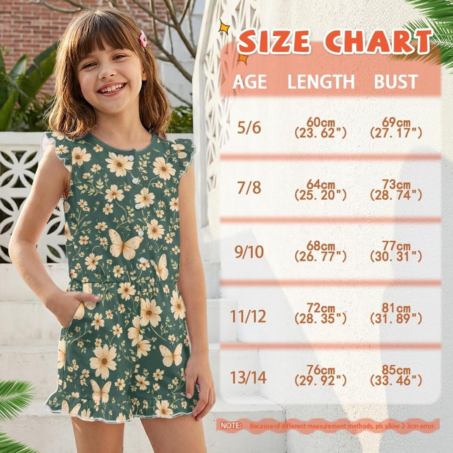 Txnsiver Girls Summer Romper Sleeveless Ruffle Trim Round Neck Jumpsuit Casual Shorts Outfits with Side Pockets 5-14 Years