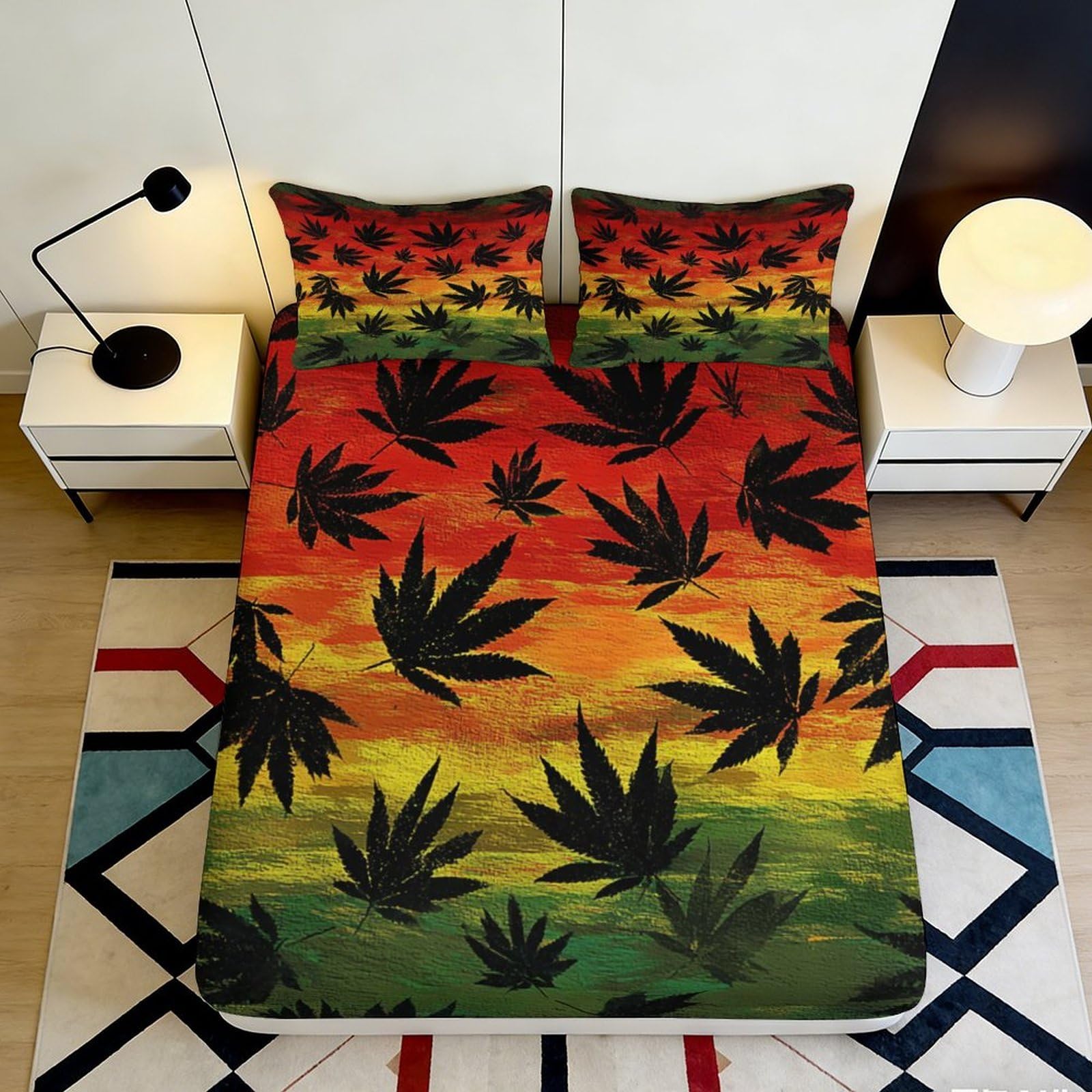 3D Printed Rasta Leaf Fitted Sheet Microfiber Bedroom Decor Gradient Cannabis Bed Cover for Home Dorm Guest Room 90x200x25cm