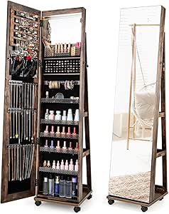 HOMASIS Armoire à Bijoux 3 En 1 Avec Miroir - Pivotante 360°, Éclairage LED, Serrure - Blanc (161cm)