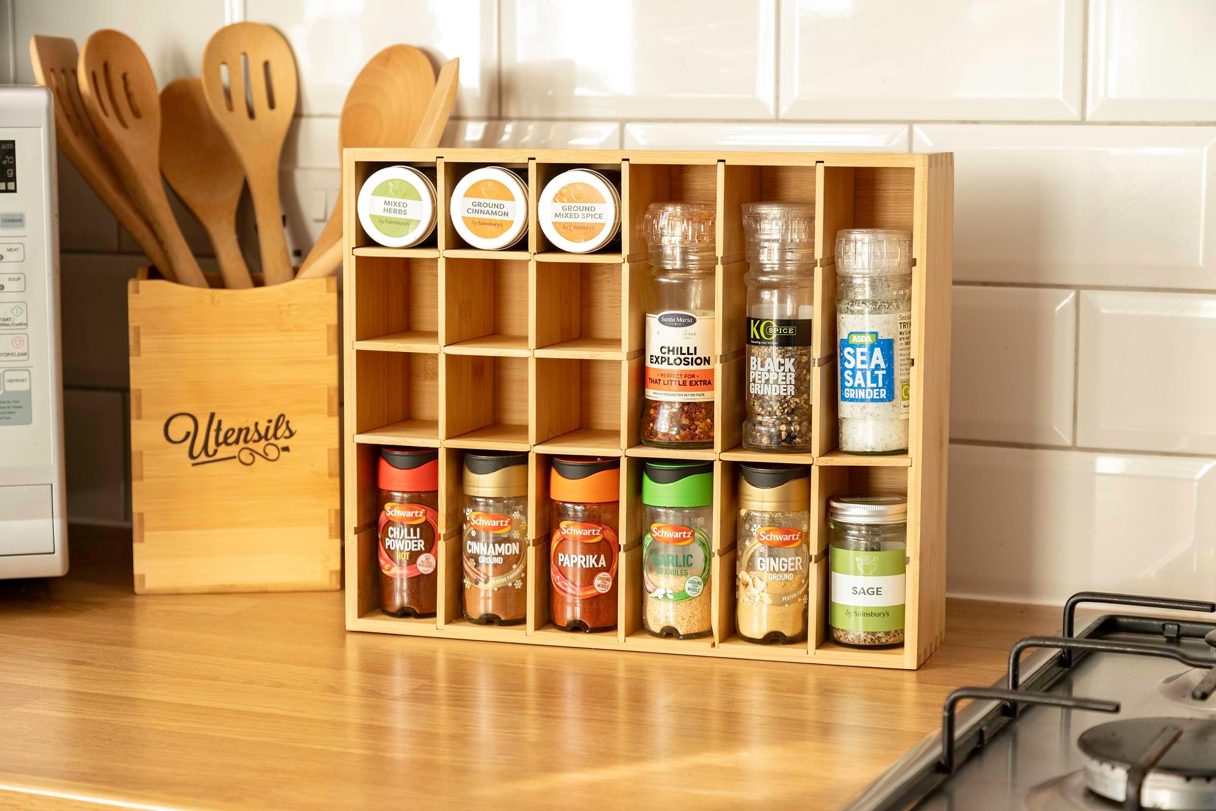 Cookbook People Multikeep Adjustable Shelf - Spice Rack, Floating Shelf, Figurine Shelf, Shadow Box or Drawer Organizer - for Wall Mount, Counter Top, Cabinet or Drawers - Bamboo Wood