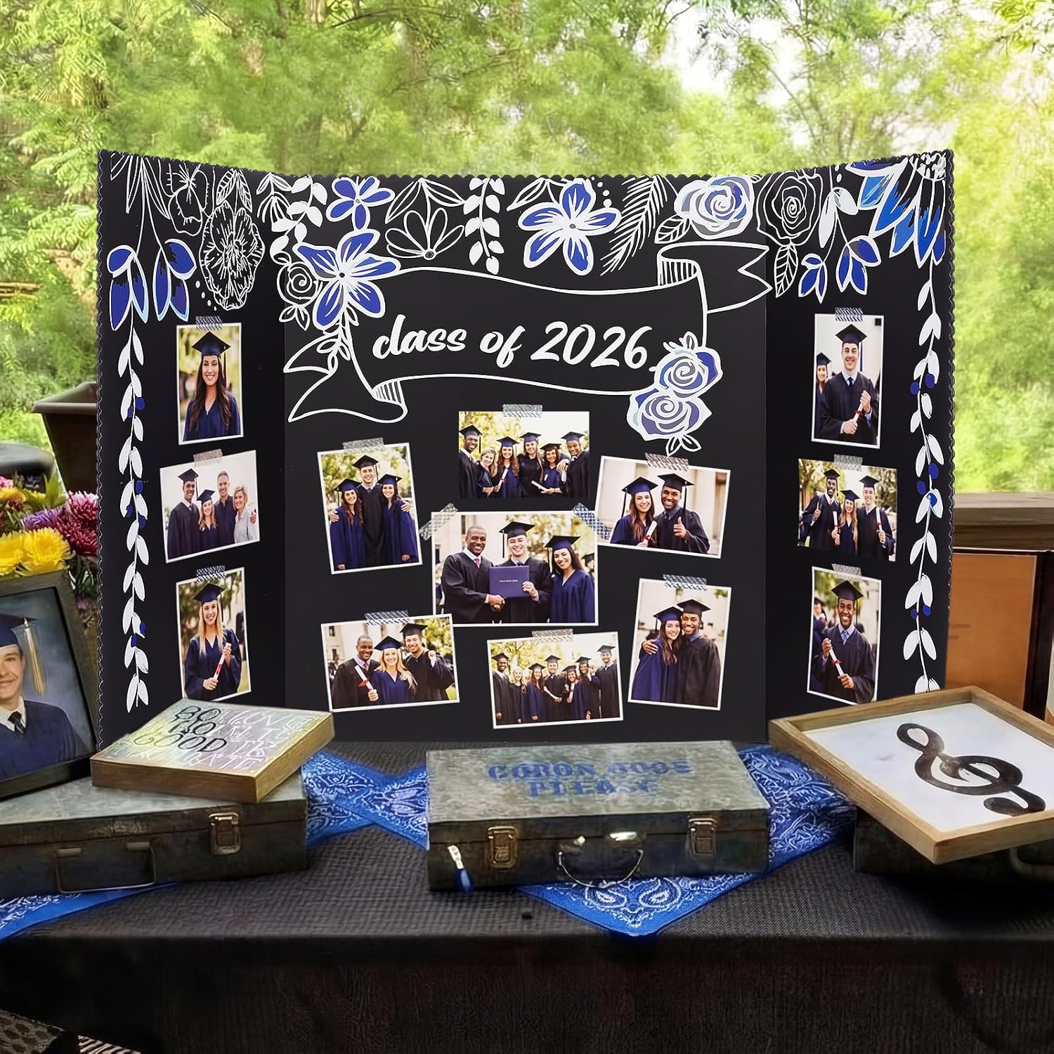 Epakh 2 Pcs 2026 Graduation Photo Display Board Gold Black Trifold Senior Poster Board 33 x 20 in for Class of 2026 Graduation Photo Frames Picture Display Grad Party Gift Table Decor(Flowers,Blue)