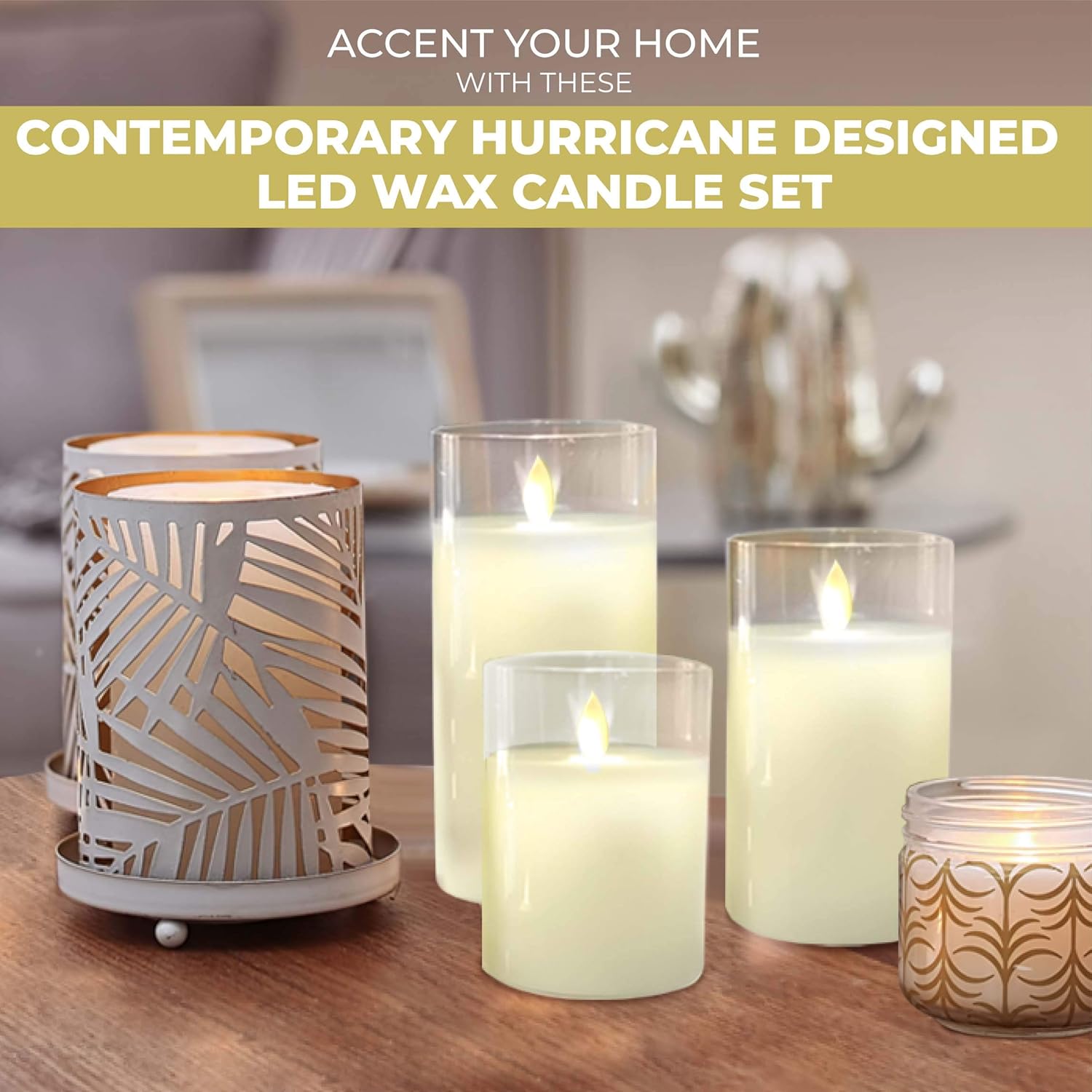 LumaBase Battery Operated Glass Hurricane LED Candles with Flickering Flame - Set of 3