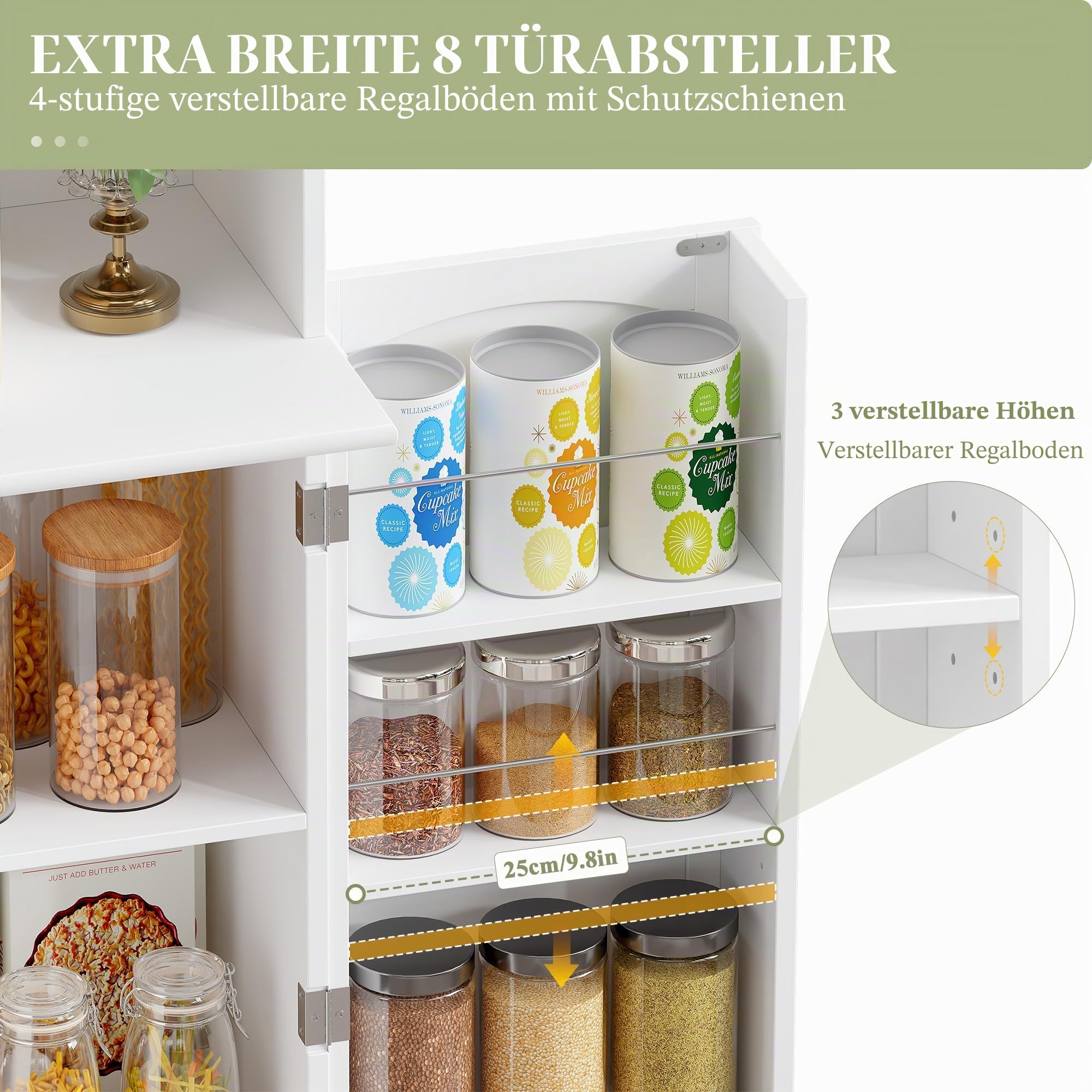 Küchenschrank, Buffetschrank mit Gewürzregal Weiß lackiert, 180x60 | Vorratsschrank mit Arbeitsplatte, lackierter Oberfläche, 8 Fächer, 3 Verstellbare Ablagen & 4 Türregale für Küche