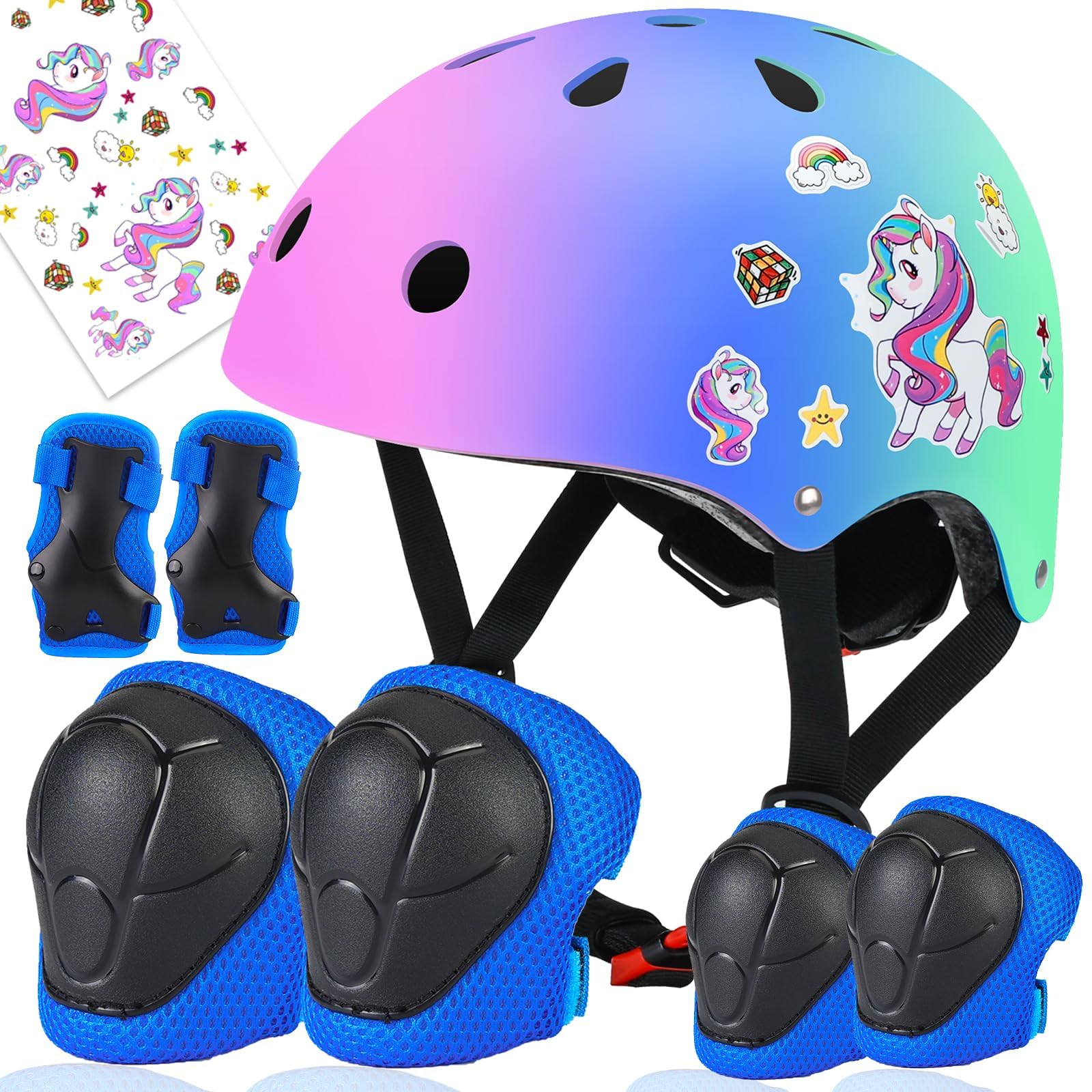 WemfgColor Gradient Adjustable Helmet Knee Pads Kids Protective Gear Set for Kids 3-8 Years Cycling Helmet with Knee Pads Elbow Pads Wrist Guards Youth Skateboard Helmet for Kids