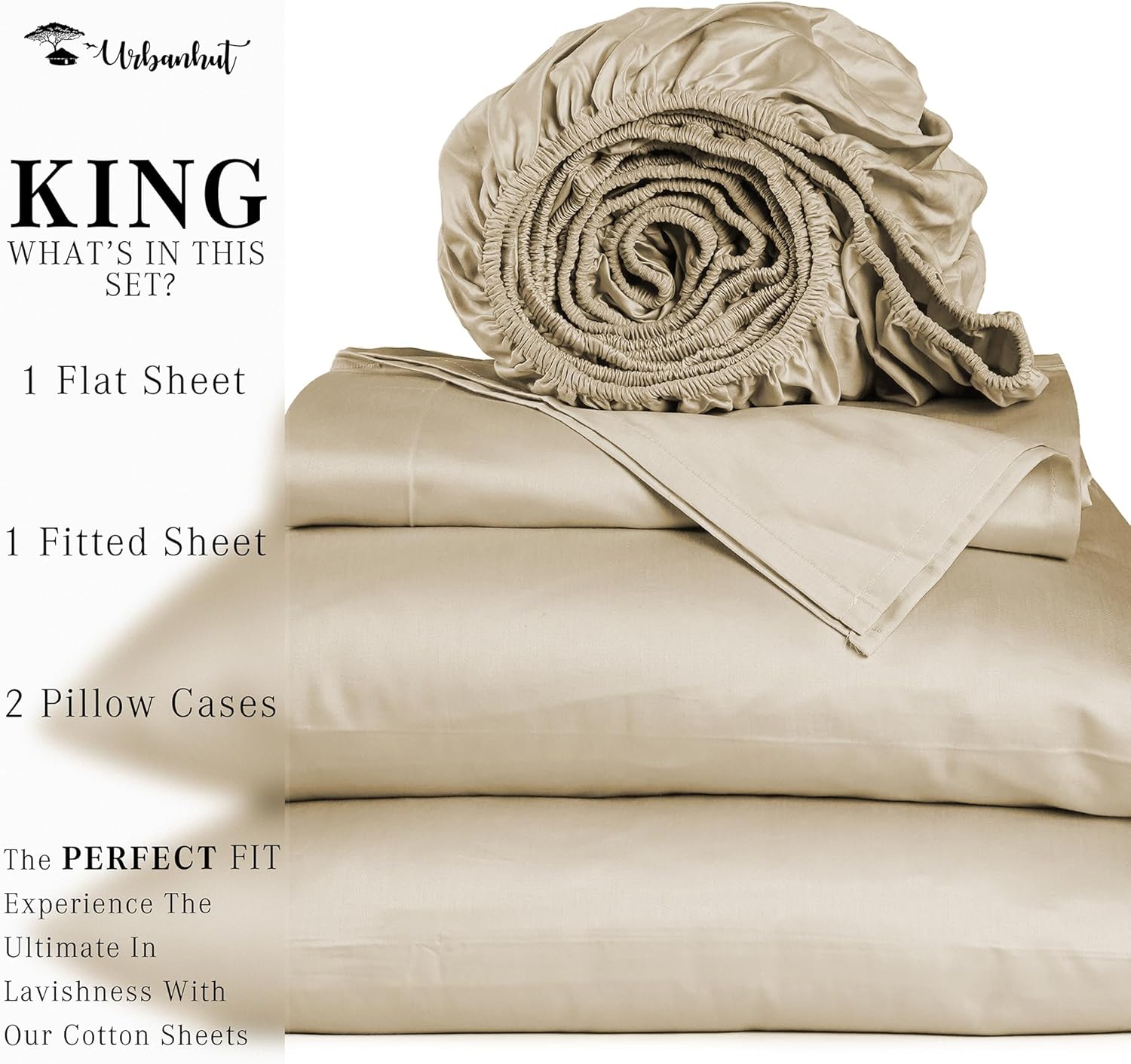 URBANHUT 700 Thread Count 100% Cotton Sheets King Size, 4Pc Sheet Set Luxury Bed Sheet for King Size Bed, Sateen Weave Hotel Sheets, Better Than Egyptian, 16'' Elasticized Deep Pocket - Sand - Image 4