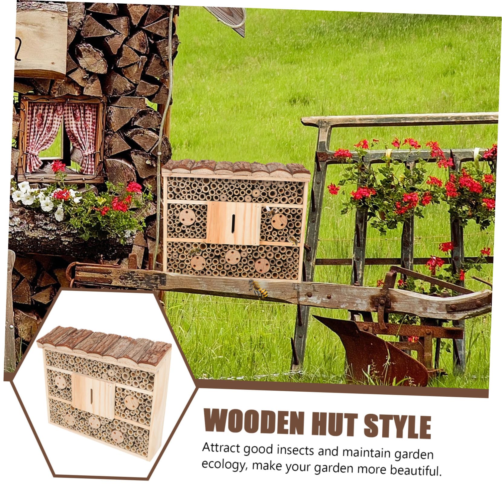 YARNOW Casetta in Legno per Api e Insetti Benefici, Rifugio Naturale Beige per Attrarre Insetti Utili e Mantenere L'ecologia del Giardino, Stile Casa in Legno