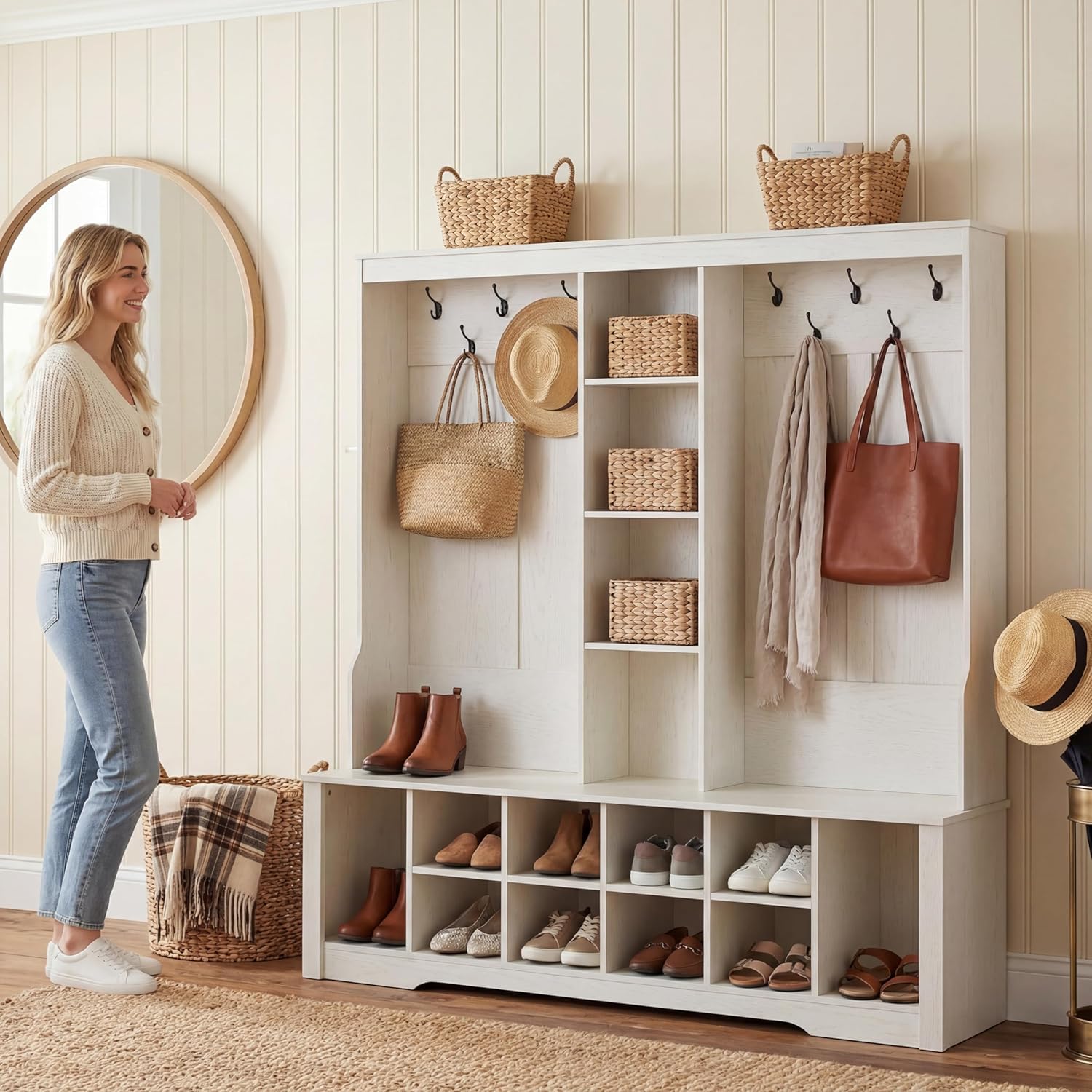 59” Hall Tree with Bench and Shoe Storage, Entryway Coat Rack with 10 Hooks & Open Shelves, Space Saving Hall Tree with 10 Shoe Cubbies for Hallway, Mudroom, Living Room
