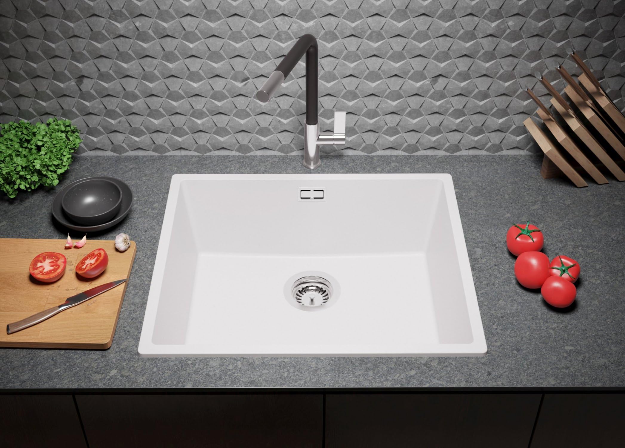 PRIMAGRAN Fregadero Cocina Todo Blanco - London Slim, 56x47cm | Granito 1 Seno + Sifón, sobre Encimera al Mueble 60cm (S304)