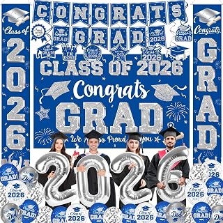 Graduation Decorations Class of 2026, Blue and Silver Graduation Decorations Include Grad Backdrop, Banner, Hanging Swirls, Porch Sign, Balloons for Congrats Grad Party Supplies