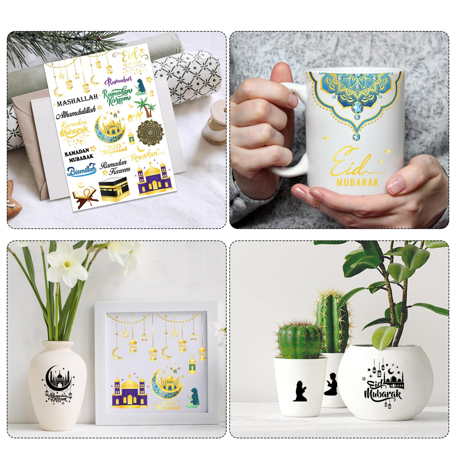 10 Fogli Adesivi Transfer Ramadan DTF 24x11 Cm - Impermeabili Per Vetro, Decorazioni Fai Da Te Eid Mubarak
