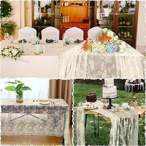 Miniatura 6 de Reginary Manteles de encaje marfil, paquete de 10, 59 x 118 pulgadas, superposición de mesa rectangular bordada de encaje floral para bodas, baby