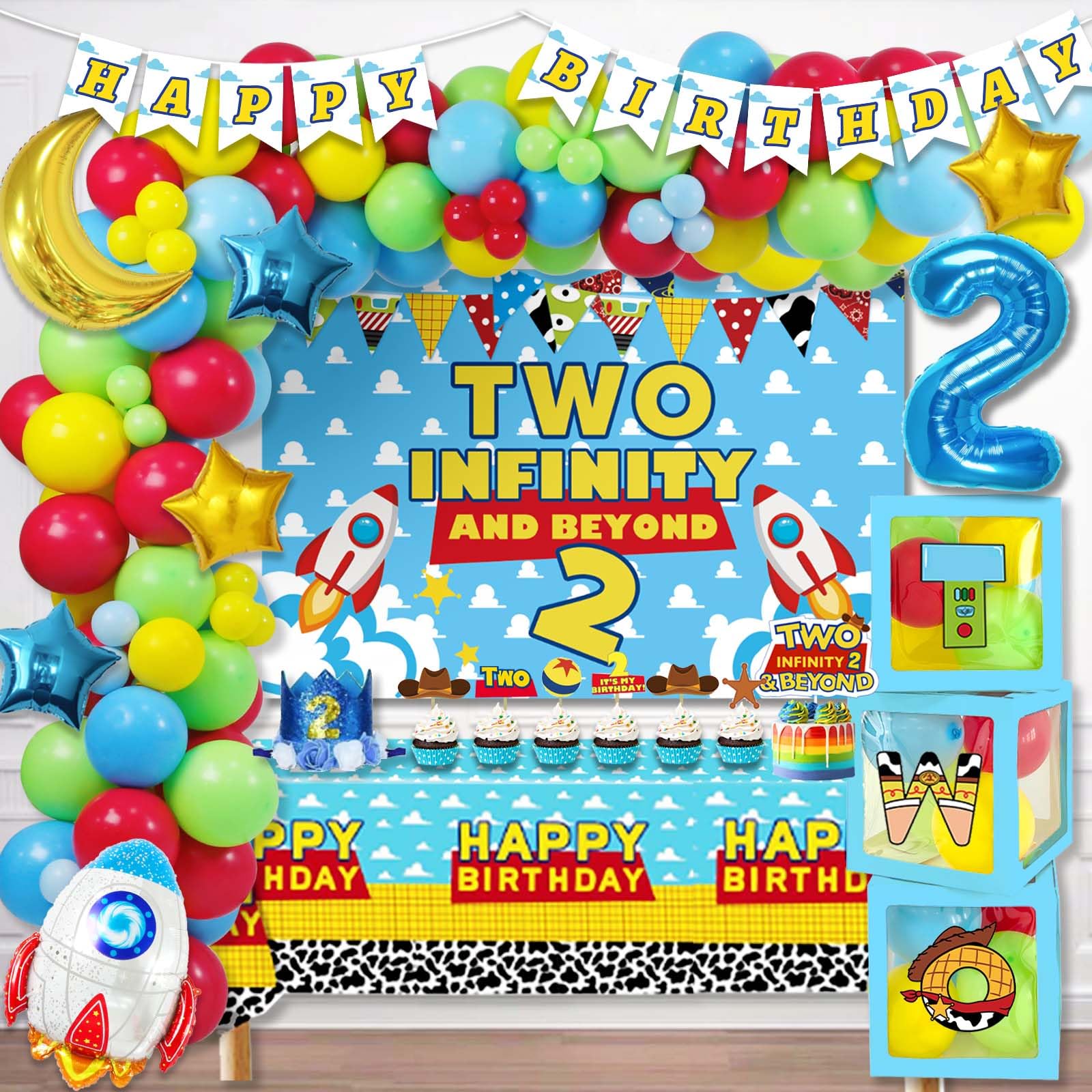 Two Infinity and Beyond Birthday Decorations, Blue Toy Theme 2nd Party Decorations, Toy Inspired Story Second Supplies with Backdrop Balloon Banner Tablecloth Cake Topper Boxes