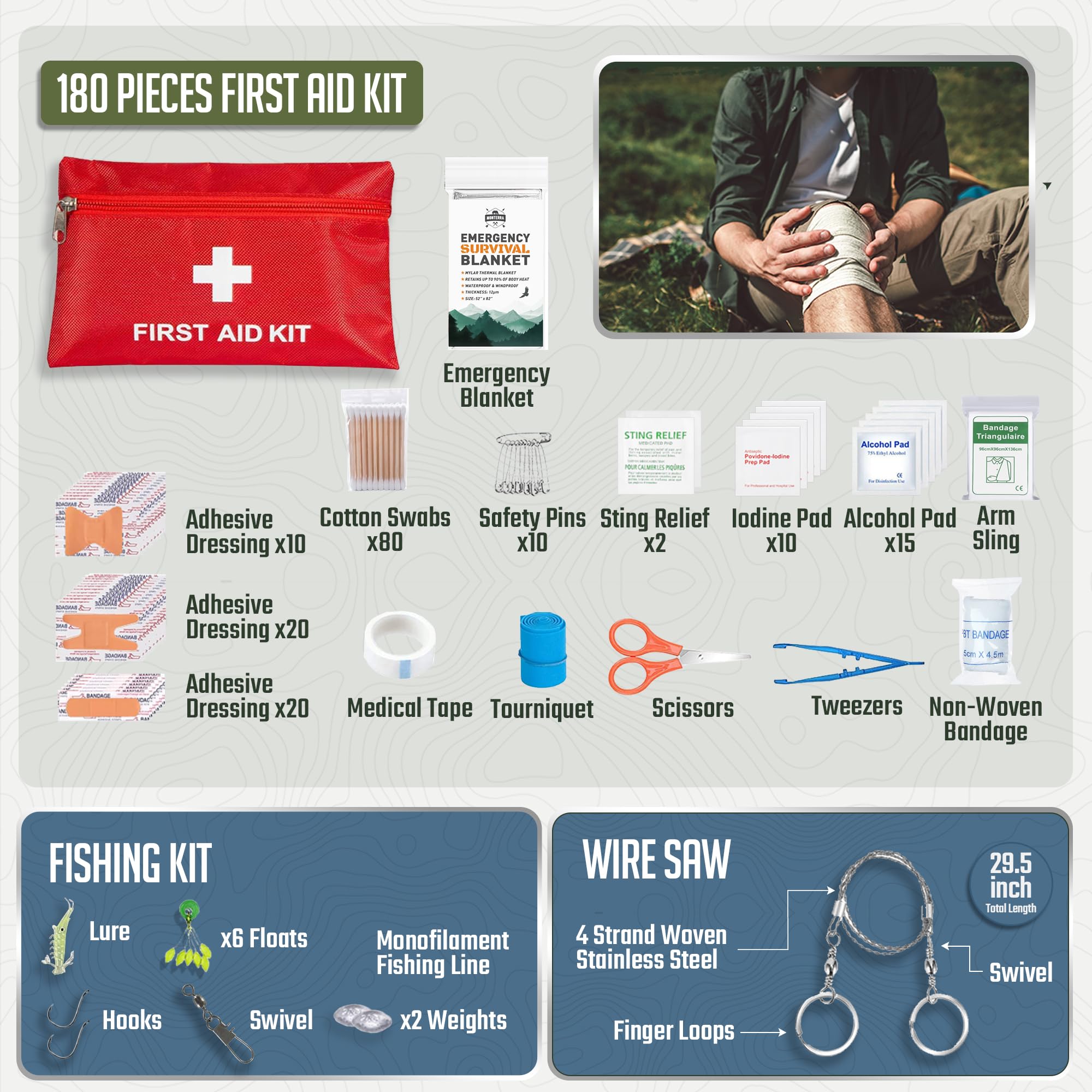 Monterra Kit de supervivencia 265 piezas, primeros auxilios, EDC, mochila Molle, senderismo, camping, accesorios al aire libre