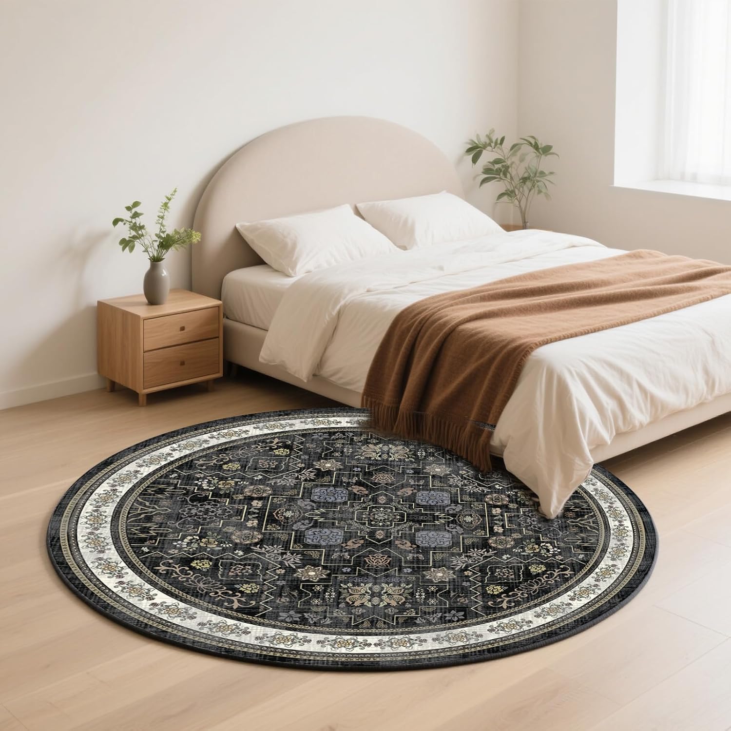 Round Rug 4ft Vintage Boho Small Circular Rug Washable Circle Rug Non-Slip Low Pile for Bedroom Kids Room Office Entryway College Dorm Bathroom, Black
