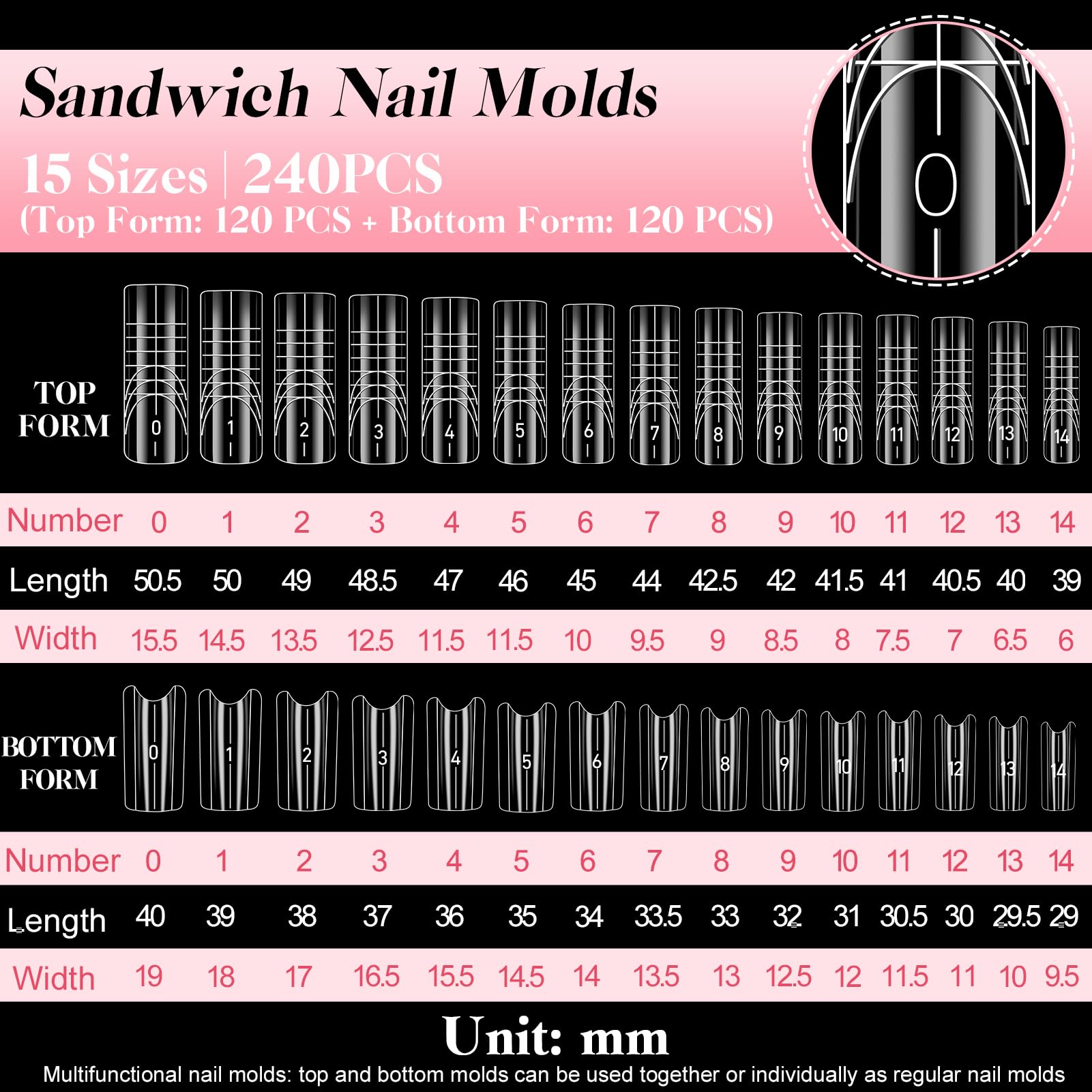 MELLIEX 240 szt. Dual Form Sandwich, 15 rozmiarów żelowe formy do paznokci wielokrotnego użytku formy do przedłużania paznokci extra długie do salonu manicure DIY (kwadrat)