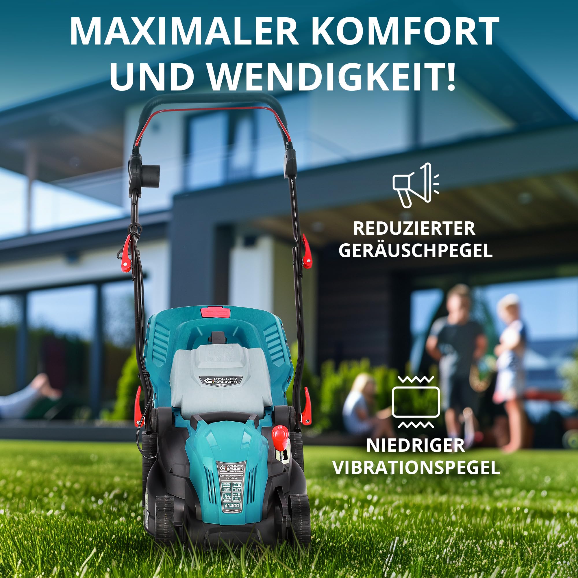 K&S Könner&Söhnen KS 38LM kosiarka elektryczna 1400 W, prędkość obrotowa biegu jałowego 3250 obr./min, szerokość cięcia 380 mm, wysokość cięcia 25-75 mm, 5 pozycji, pojemnik na trawę 40 l + KS GT-250