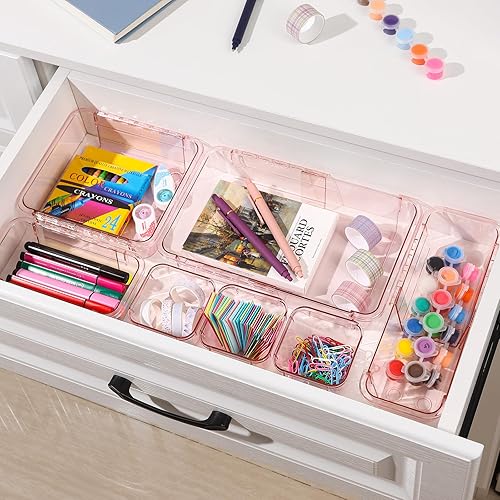 Miniatura 7 de Organizador de cajones transparente ajustable, 14 unidades, cubos de almacenamiento extensibles, juego de organizador de cajones de escritorio para