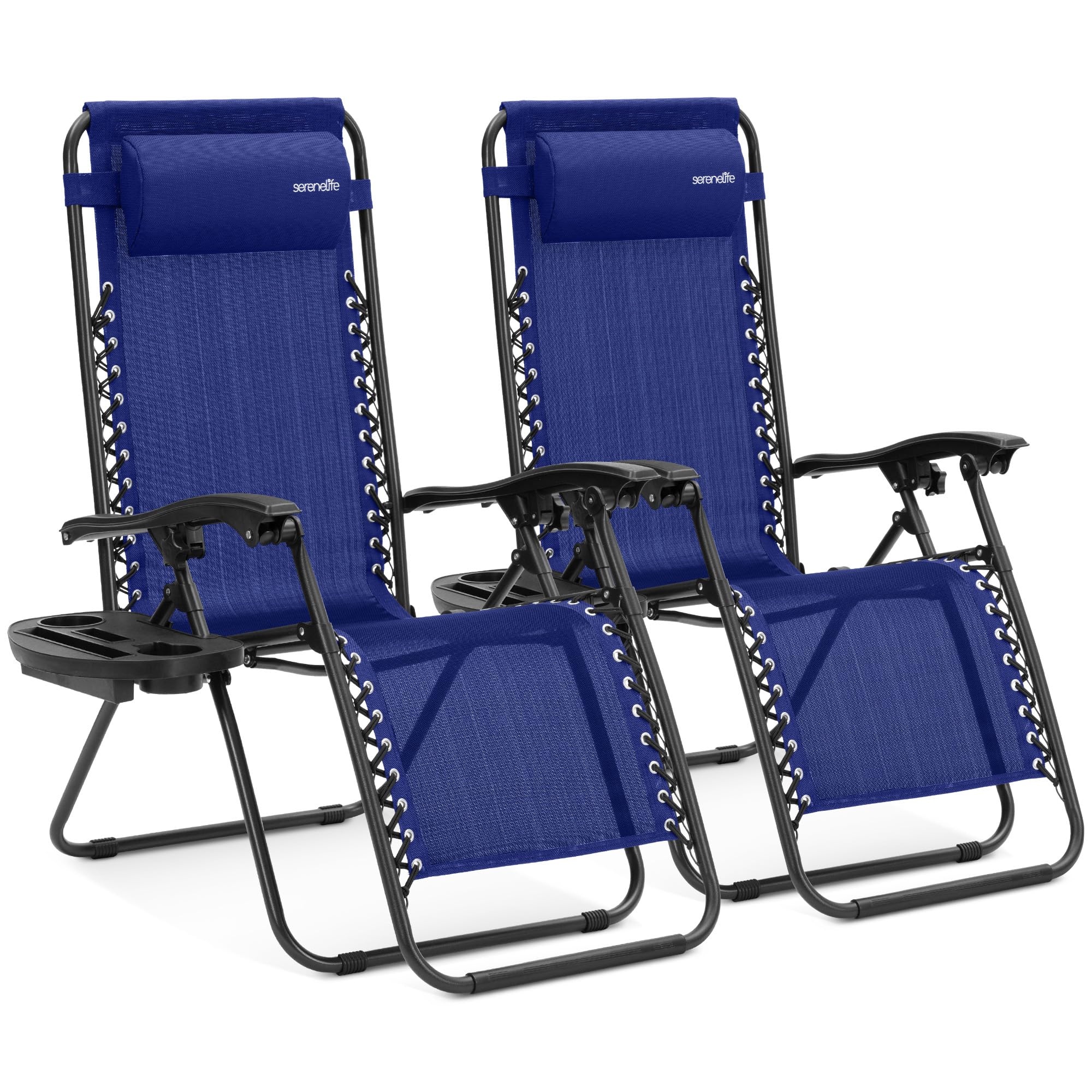 SereneLife Zero Gravity Lounge Chair, Adjustable Steel Mesh Recliners, with Removable Headrest and Cup Holder Trays, Side Tables, Set of 2, Blue โ image 1