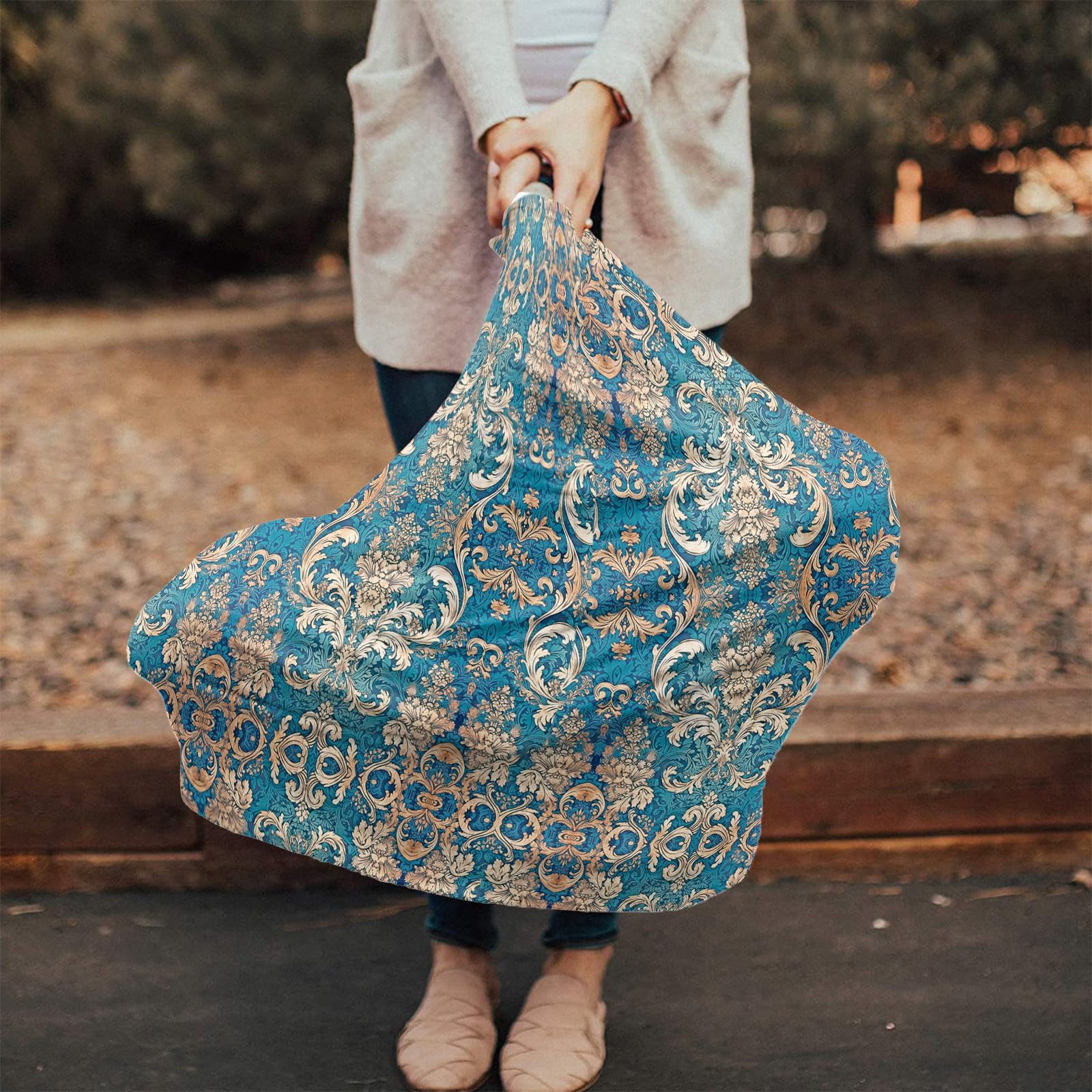 Nursing Cover for Breastfeeding Scarf, Flower Textured Blue Retro Baby Car Covers Super Soft Multi Use for Canopy Shopping Cart Cover Blanket Stroller Cover