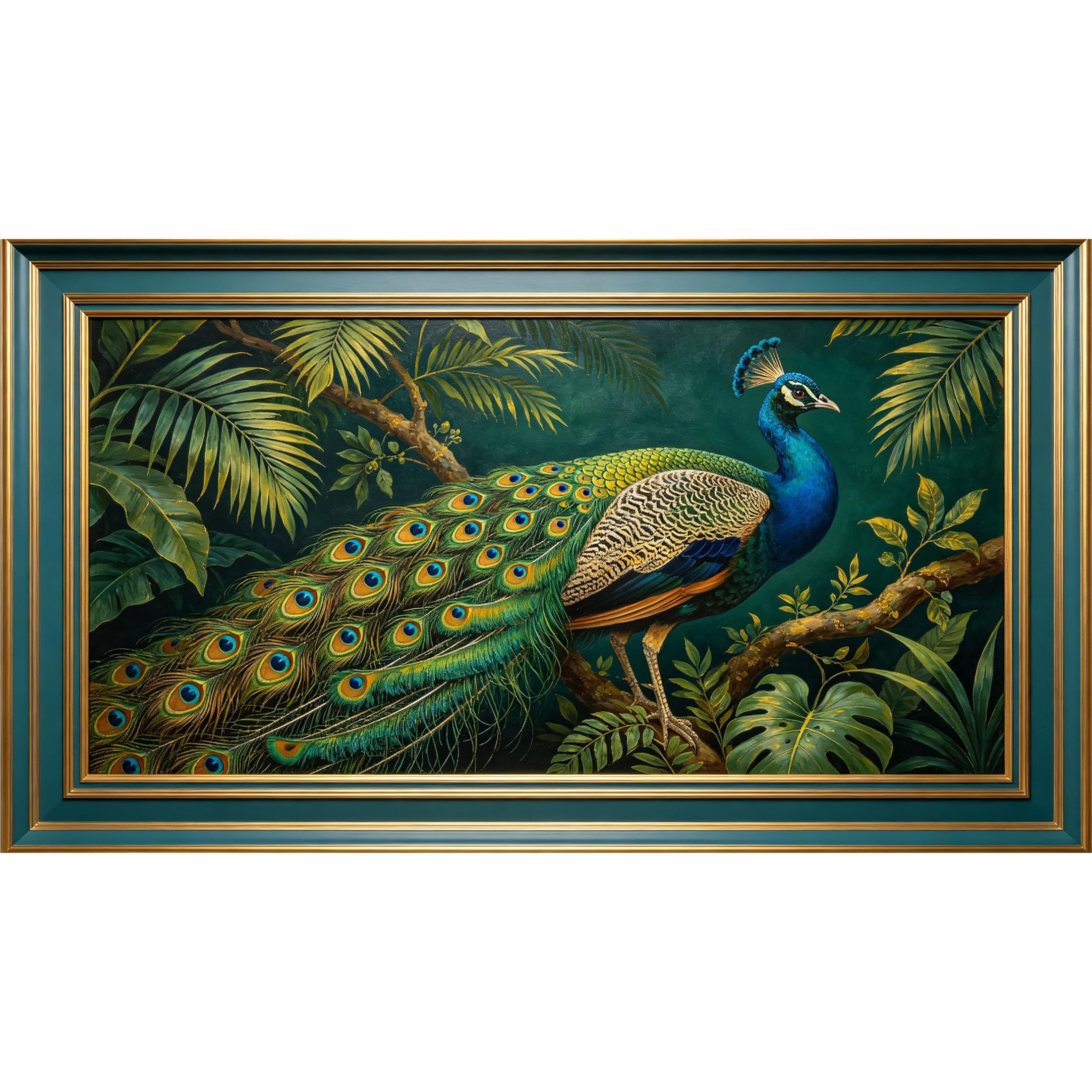 QZLITHOTIC 50x90cm3D Framed Wall Art， Tropical Peacock Jungle Landscape Self‑Adhesive Mural， Water‑Activated Peel & Stick Fabric Decor Wall Decal for Bedroom Living Room