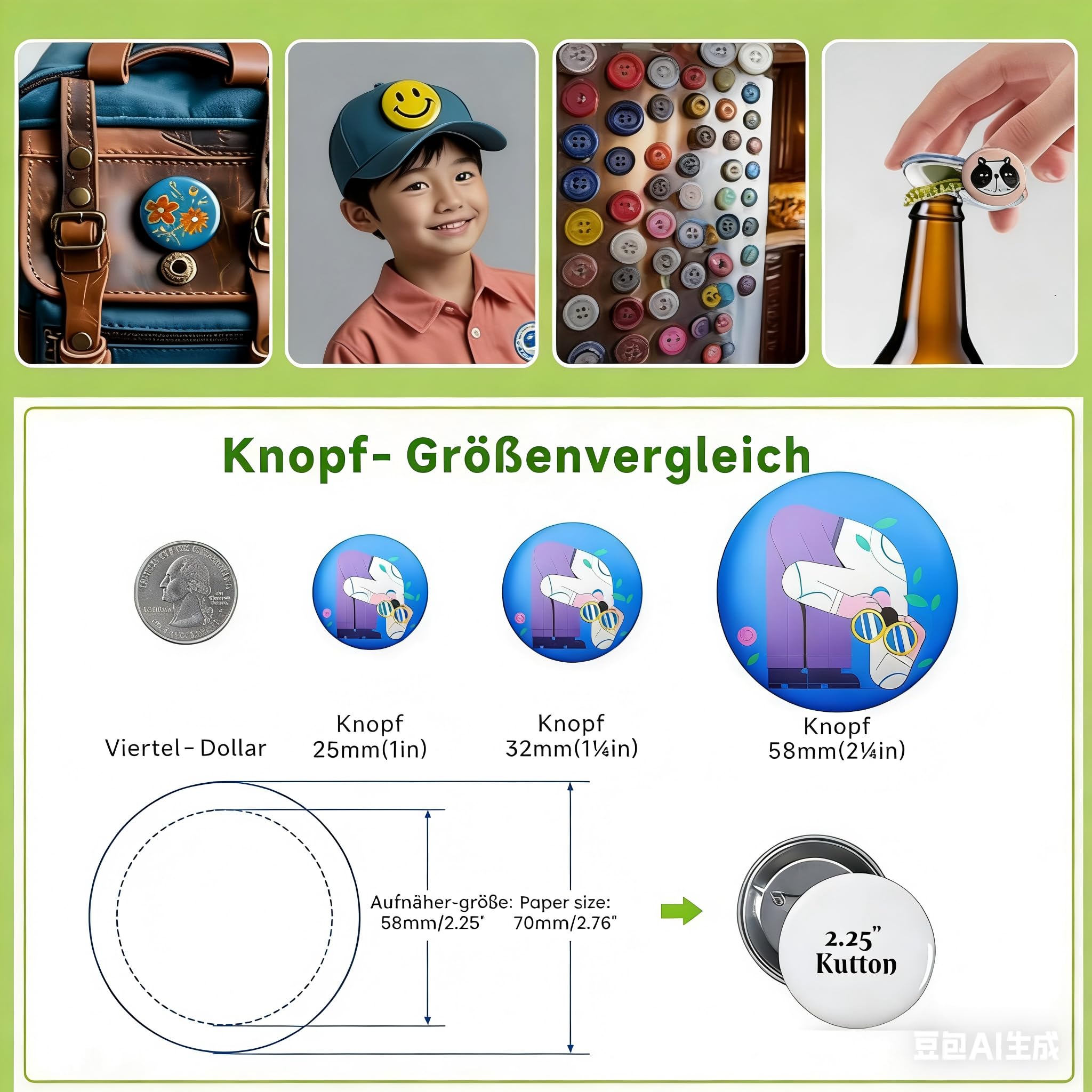 25 mm Buttonmaschine– Manuelle Buttonpresse Set ohne Montage, inkl. 100 Zubehör & Kreisschneider, DIY Abzeichenmaschine für Basteln, Partys & Geschenke(grün)