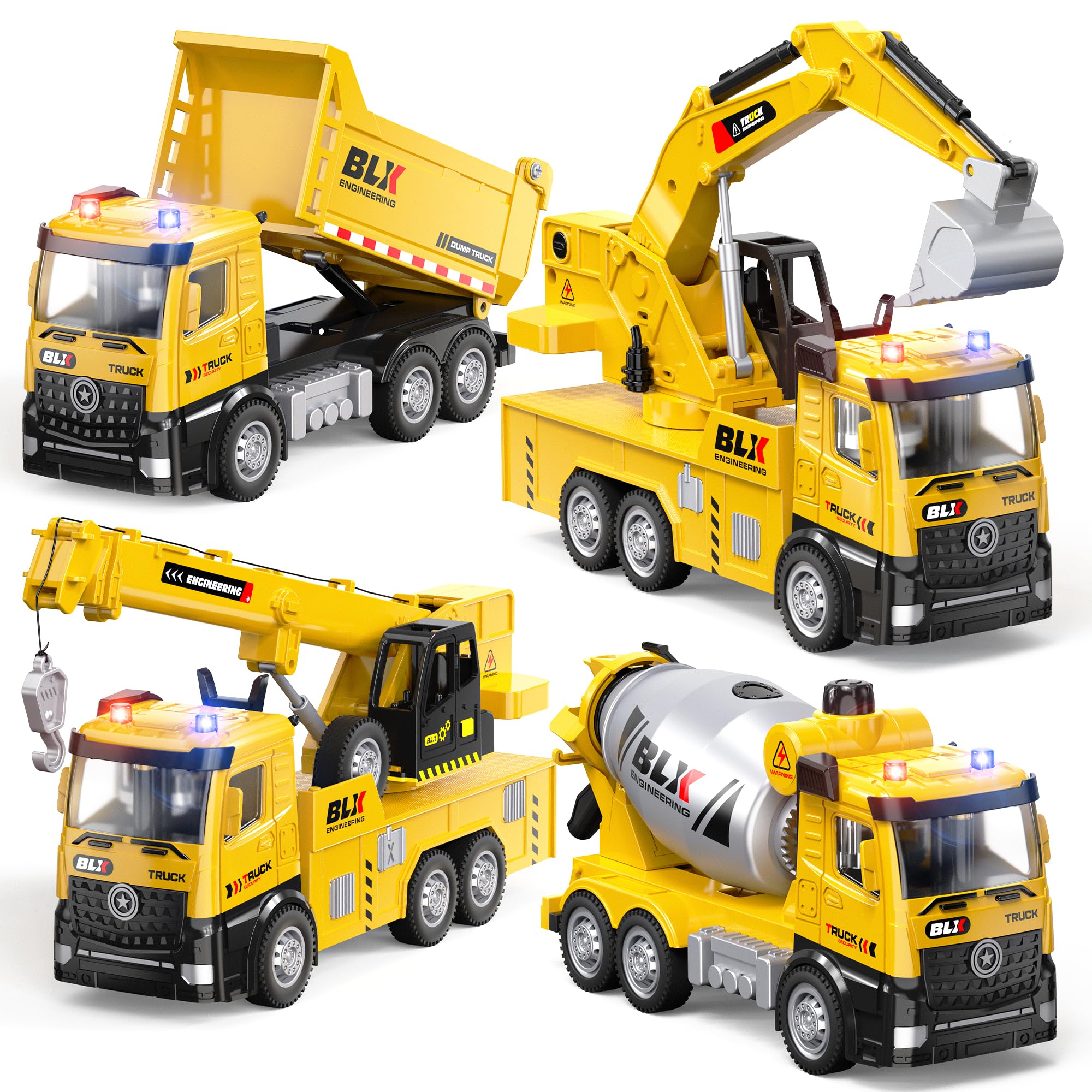 4 Pcs Alloy Construction Truck Toys Gifts For 2 3 4 5 Year Old Boys, 9" Construction Vehicles Toys With Light & Sound, Include Excavator, Crane, Dump and Mixer, Toys for Boys Toddler Kids 2-4 3-4 4-6
