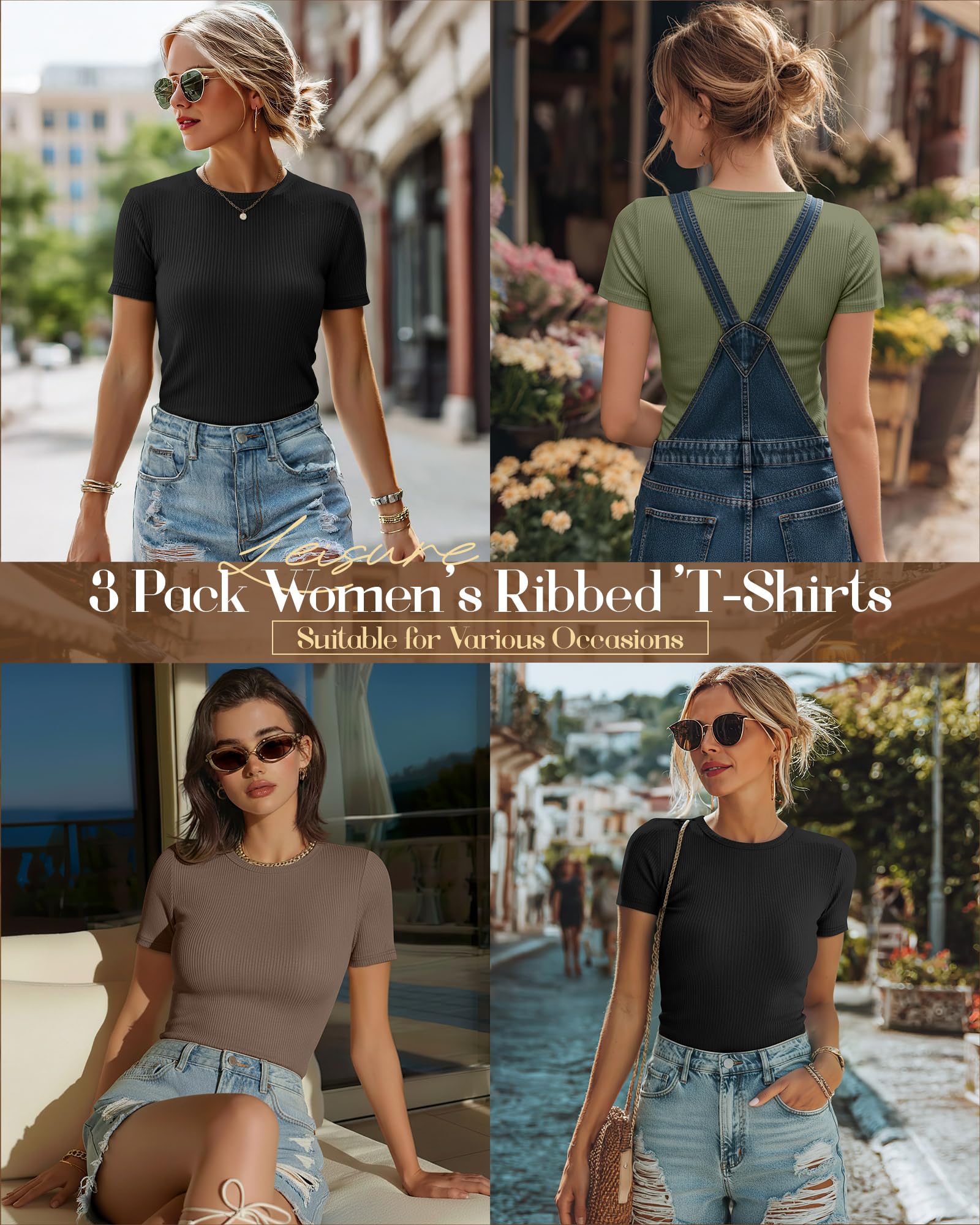 Ficerd Lot de 3 t-Shirts côtelés pour Femme, en Coton, Manches Courtes, col Rond, Coupe ajustée, Hauts Basiques et décontractés, Parfaits pour l'été.