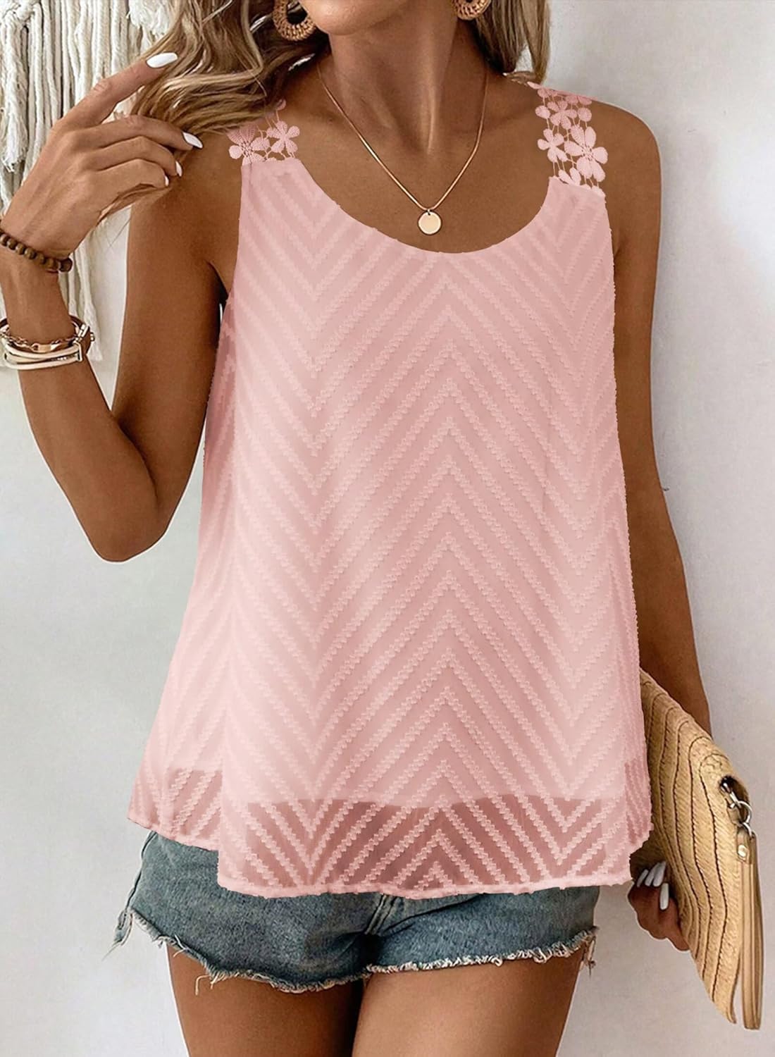 Spaghetti Strap Tank Top Trendy Crew Neck Sleeveless Smocked Tops Women Boho Business Dressy Casual Shirts Summer Flowy Lace Crochet Spring Ruffle Blouses Light Pink Fashion 2026 M - Image 5