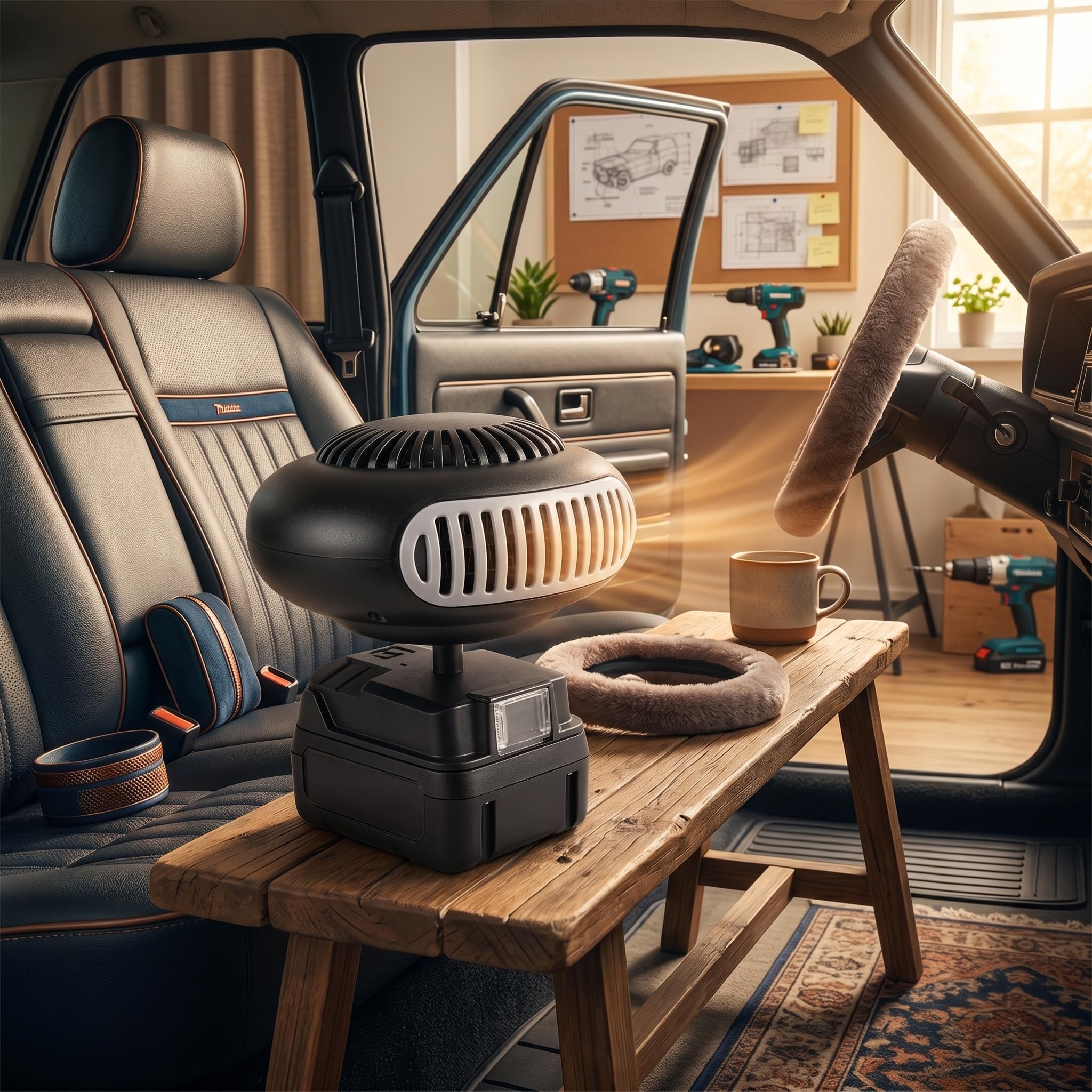 Chauffage de Voiture Portable 170W, Thermostat Réglable à 2 Niveaux, Tête Rotative, Silencieux, avec Ports USB