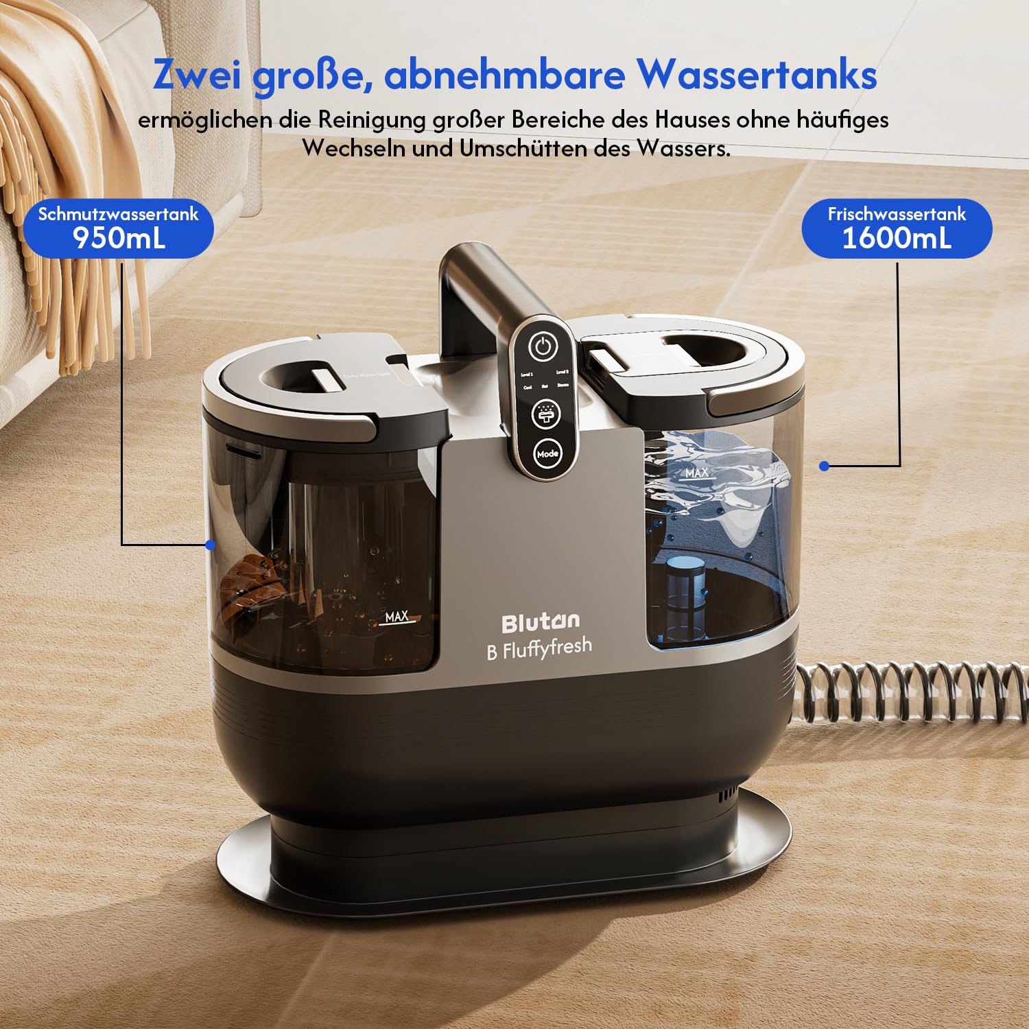 B Fluffyfresh Waschsauger, Dampfreiniger, Polsterreiniger-Gerät für Sofa, Teppich, Fenster, Auto, Nass-Trocken-Sauger, 15 kPa, schnelltrocknend, mit heißem Wasser viel Zubehör, 1,6l Wassertank