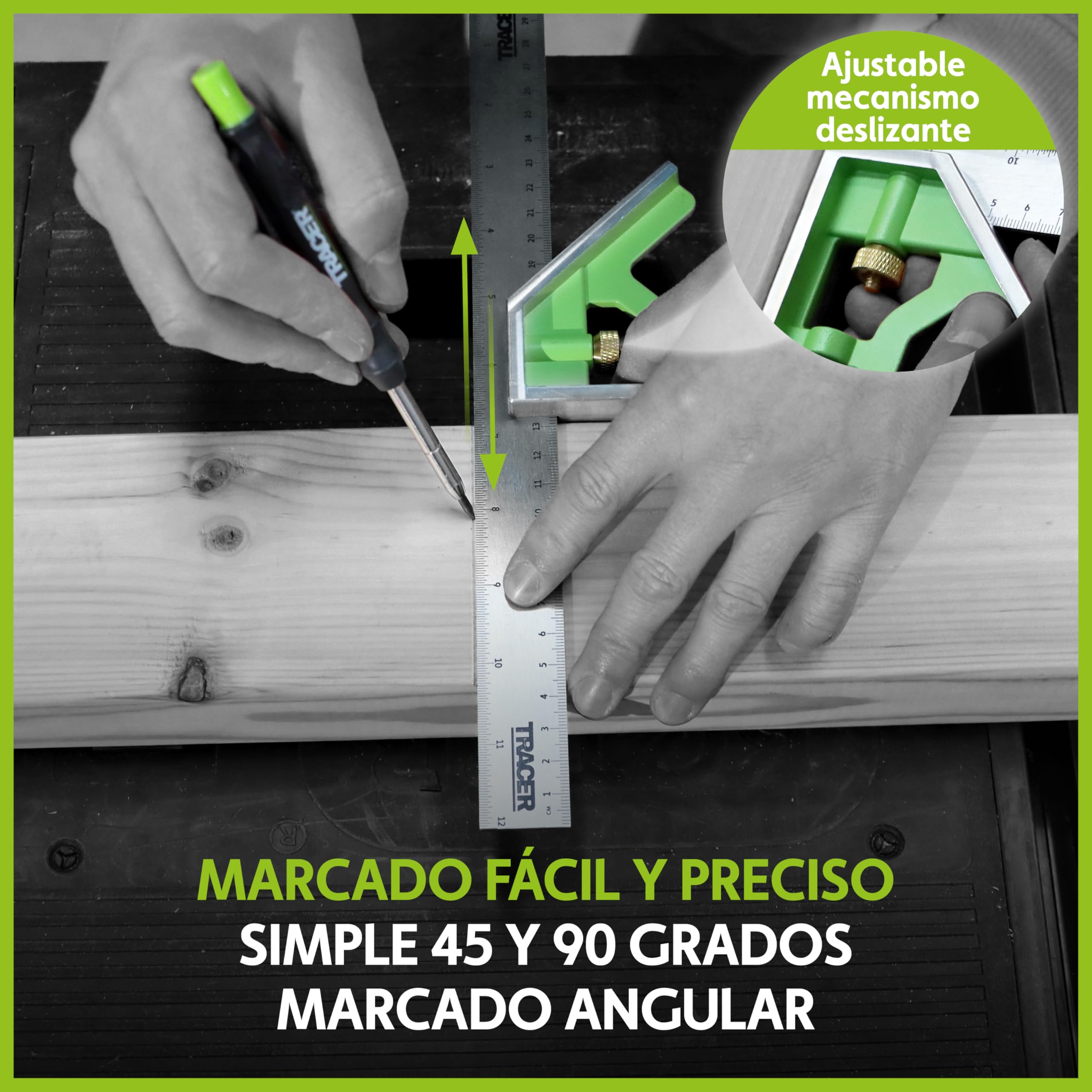 TRACER Combinación cuadrada de 300 mm. Herramienta de medición de 45/90 grados con nivel de burbuja integrado y herramienta de escritura. Escalas métricas e imperiales