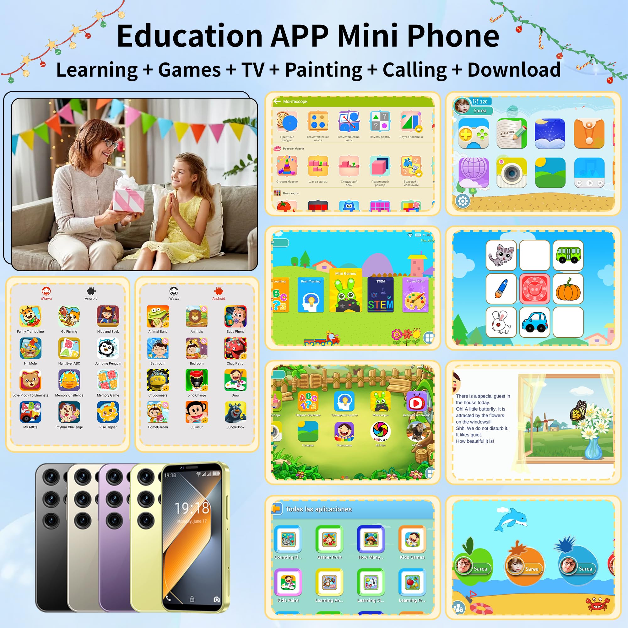 3G Mini Smartphone, Mini Telefono, Smartphone Smartphone Mini, 3.0" HD Screen Mini Phone, 3+64GB Smartphone Piccolo con Divertente Educativa APP Giochi Apprendimento Dipingere Cartoni Animati(Argento)