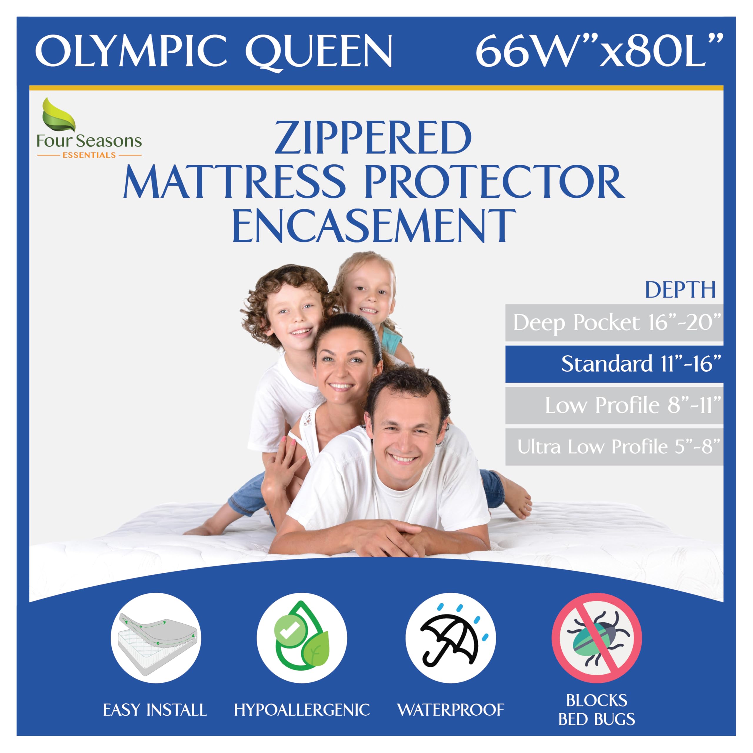 Zippered Olympic Queen Mattress Protector (66"x80") - Super Queen Size Bedbug Waterproof Mattress Cover, Premium Quality Hypoallergenic Bed Encasement
