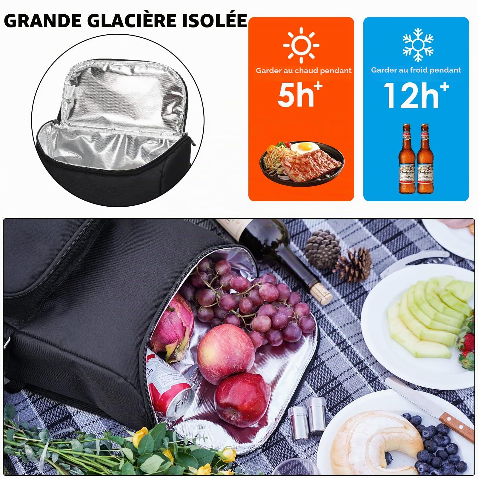 Sac à dos de pique-nique pour 4 personnes avec grand sac isotherme, panier de pique-nique avec pochette à vin, couverture de pique-nique imperméable et ensemble de couverts. Parfait pour la plage, le