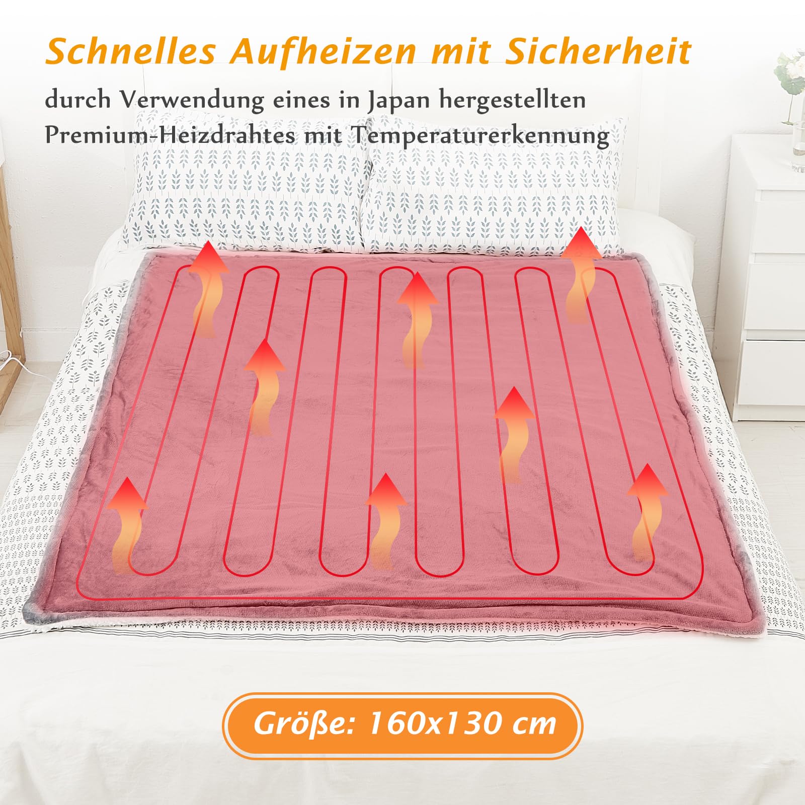 Heizdecke mit Abschaltautomatik, 130x160cm, 10 Heizstufen Up-to-9 Stunden Auto-Off-Timer Überhitzungsschutz, Elektrische Wärmedecke Bett Wärme Decke, Grau